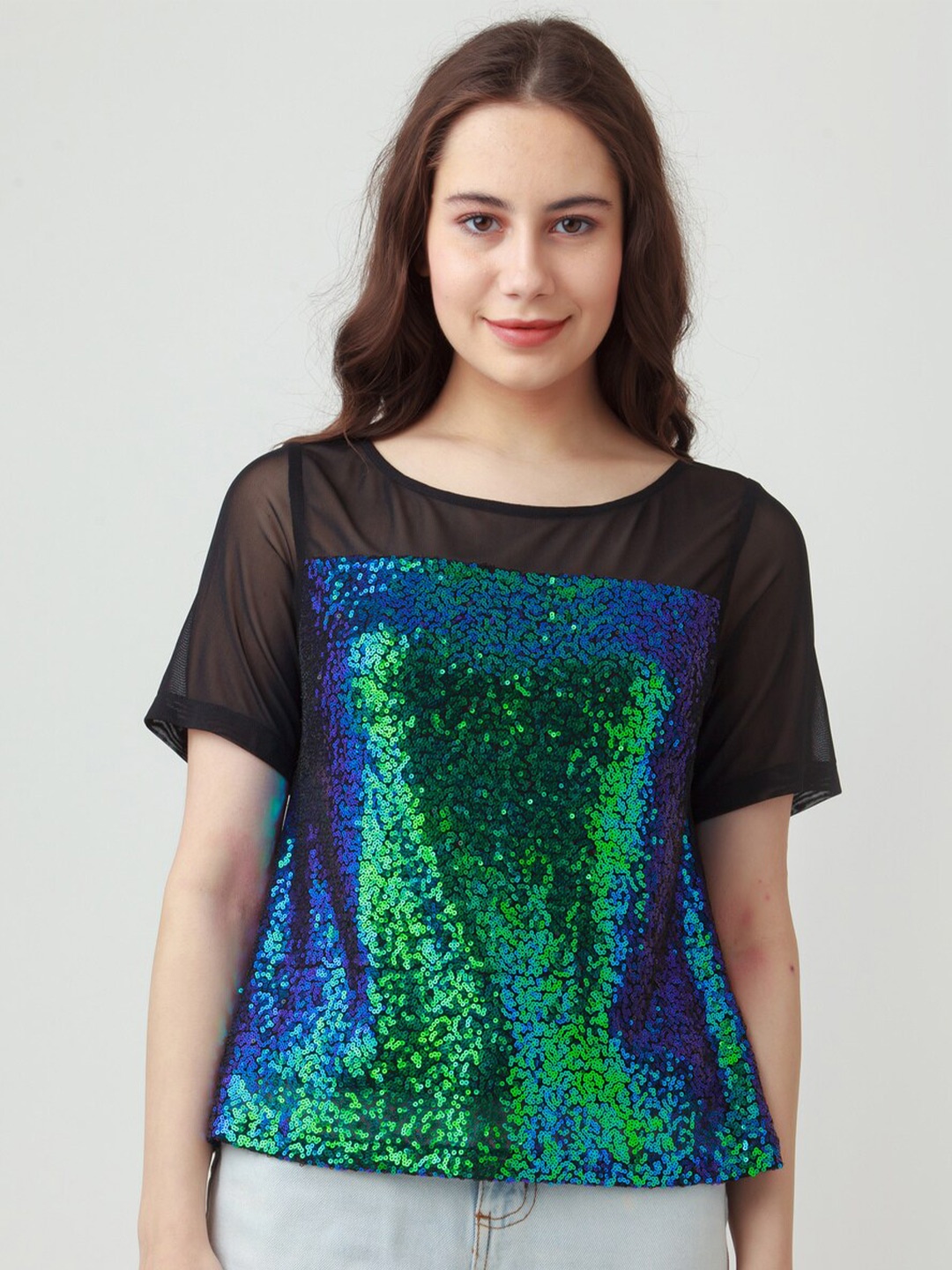 

Zink London Black & Blue Sequined Embellished Top