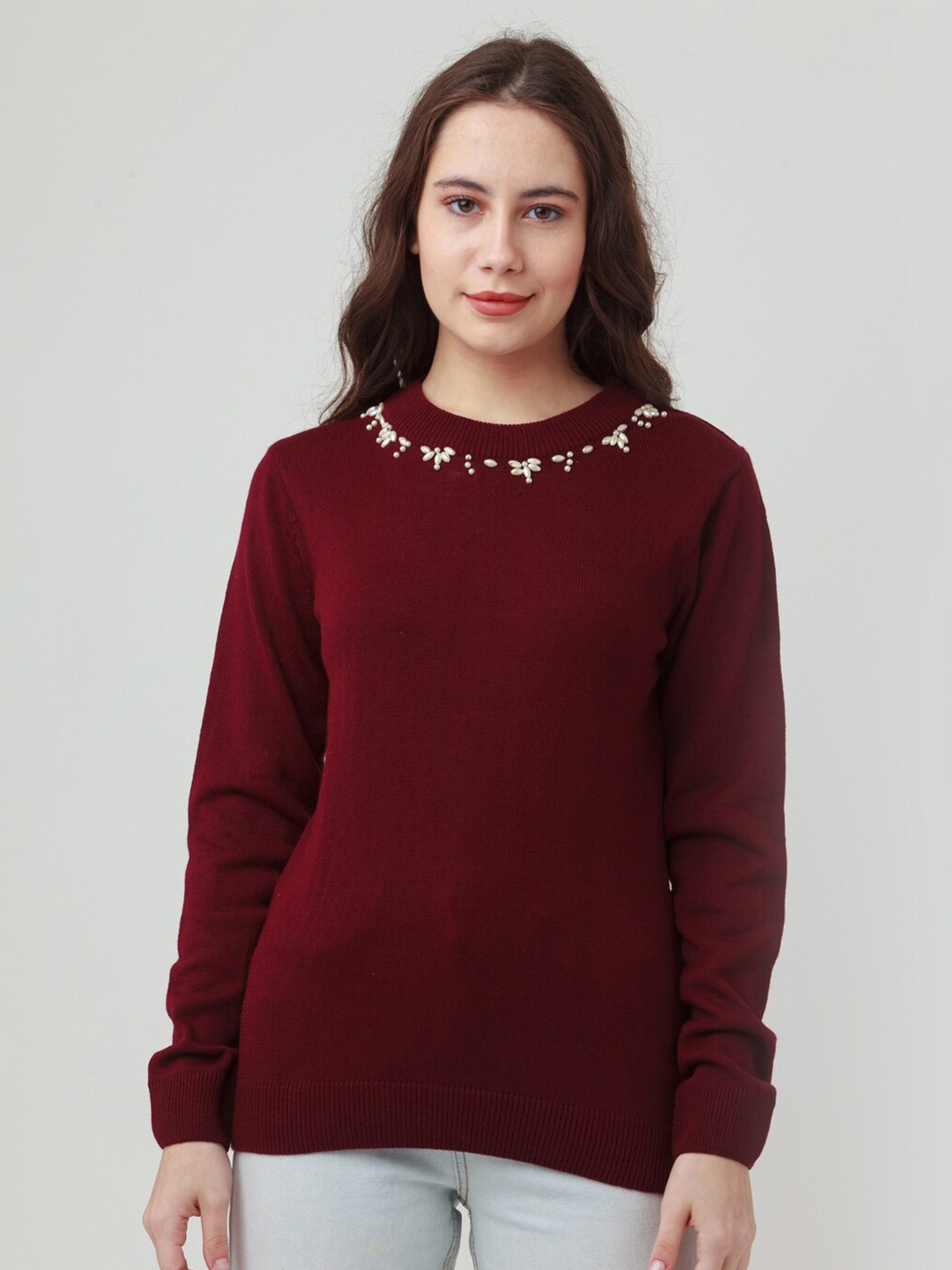 

Zink London Women Maroon & White Pullover Sweater