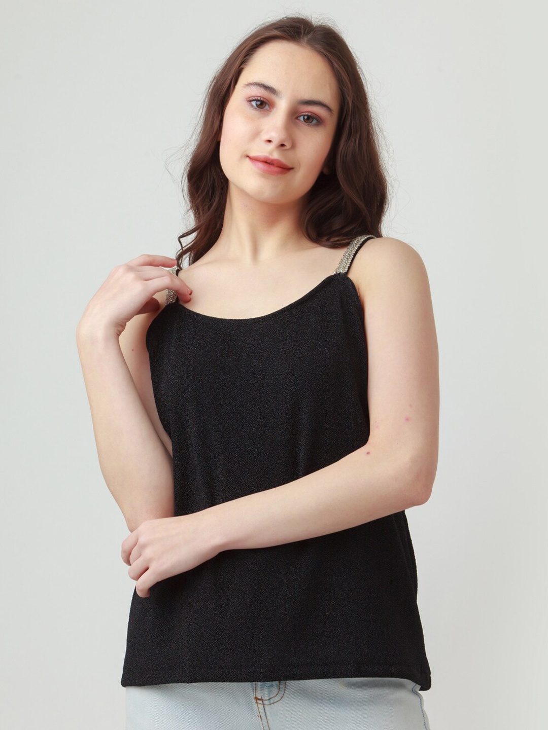 

Zink London Black Embellished Shoulder Strap Top