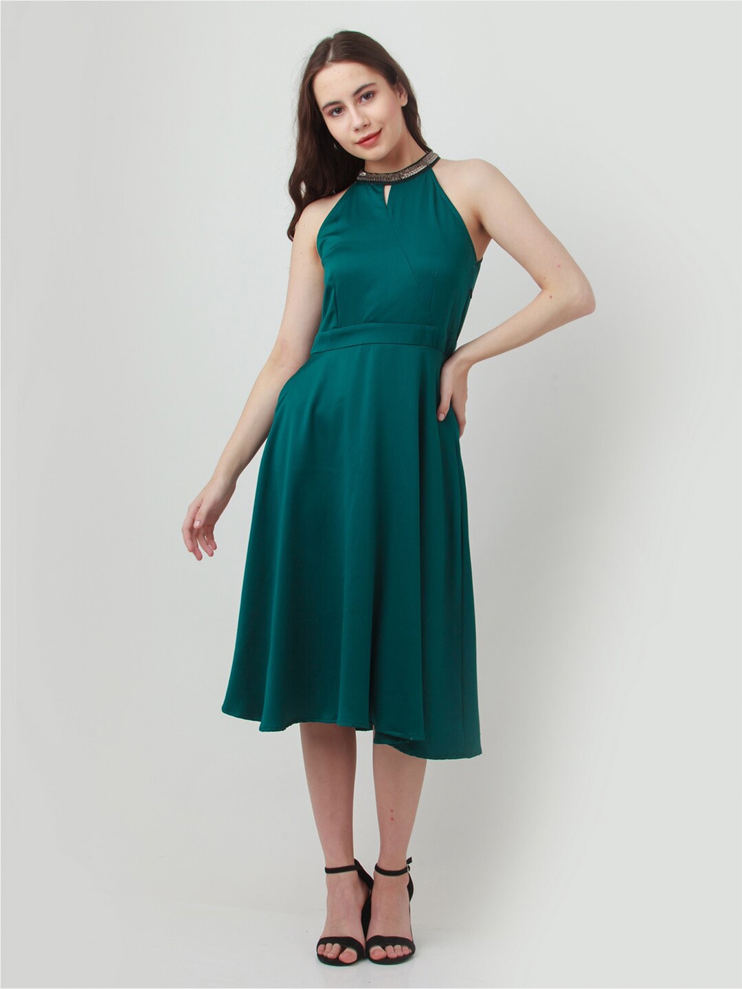 

Zink London Fit and Flare Sleeveless Ethnic Midi Dress, Green