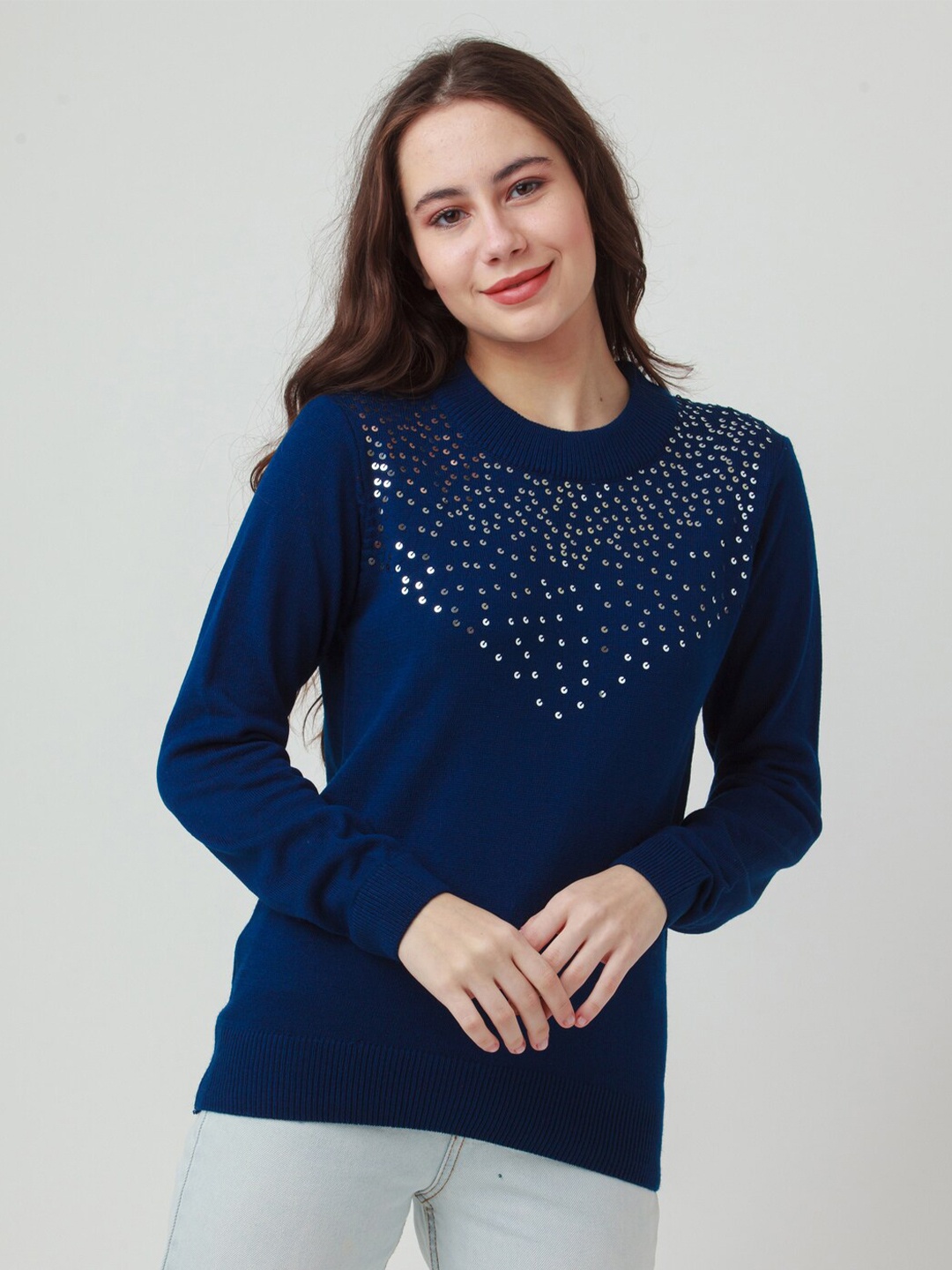 

Zink London Women Blue Sequined Pullover Sweater