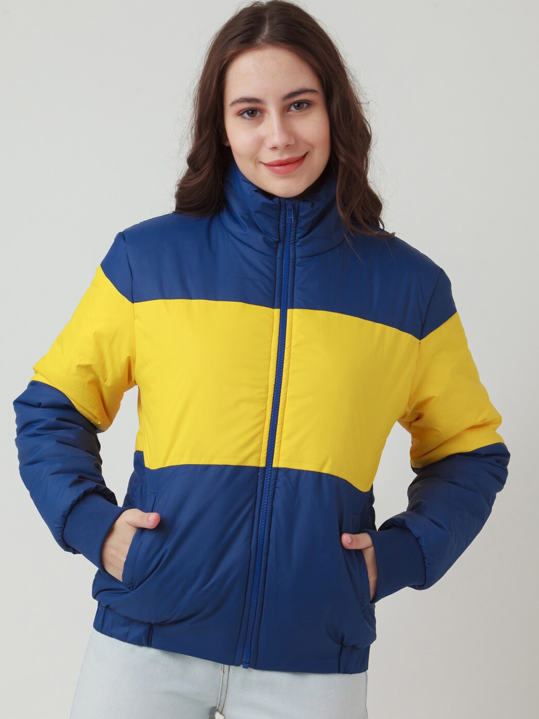 

Zink London Women Blue & Yellow Colourblocked Puffer Jacket