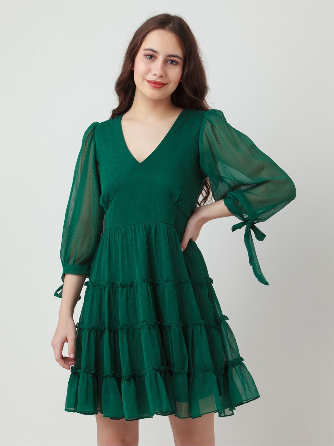 

Zink London Ethnic Puff Sleeves V-Neck A-Line Dress, Green