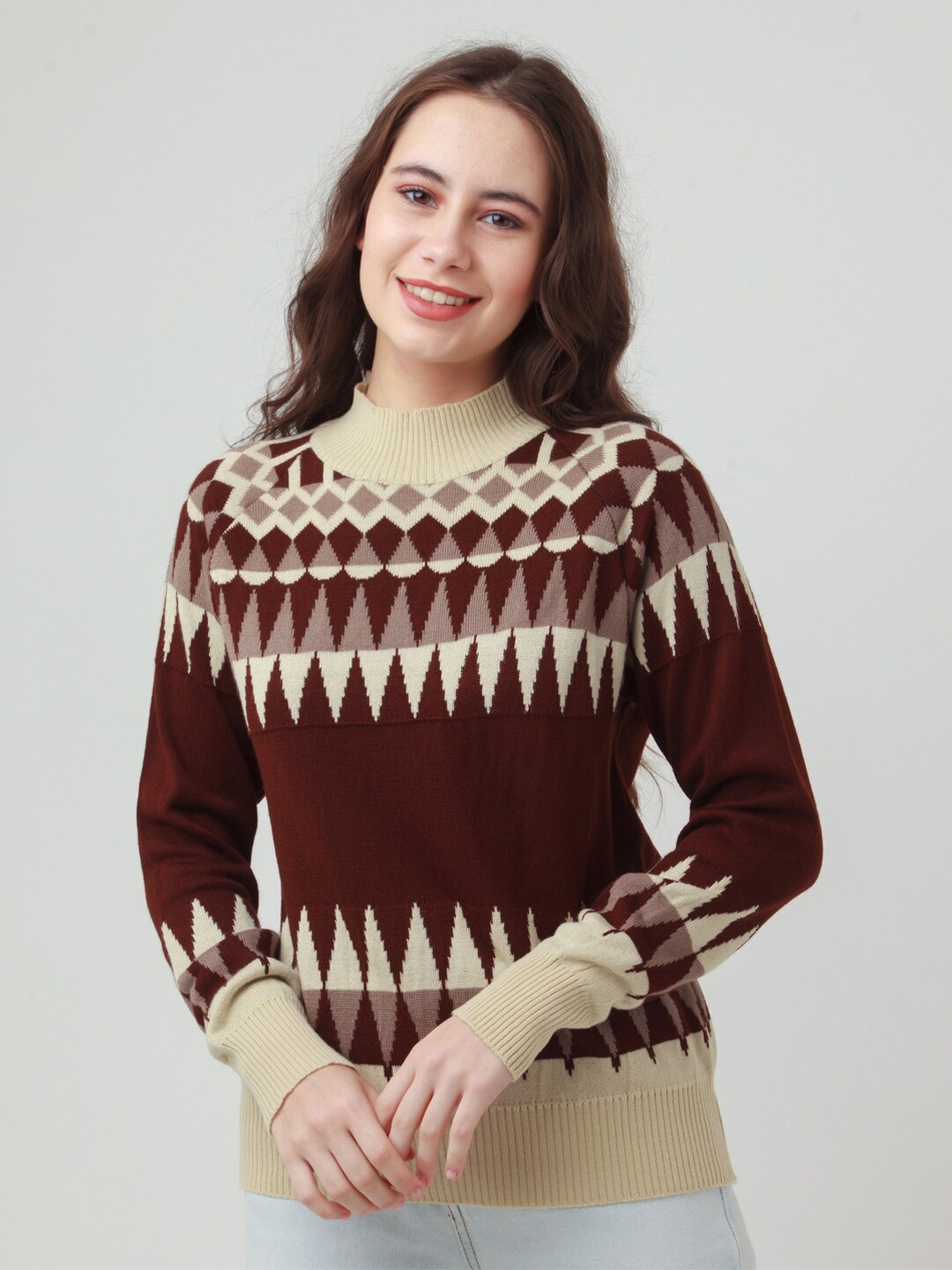 

Zink London Women Brown & Cream-Coloured Printed Pullover Sweater