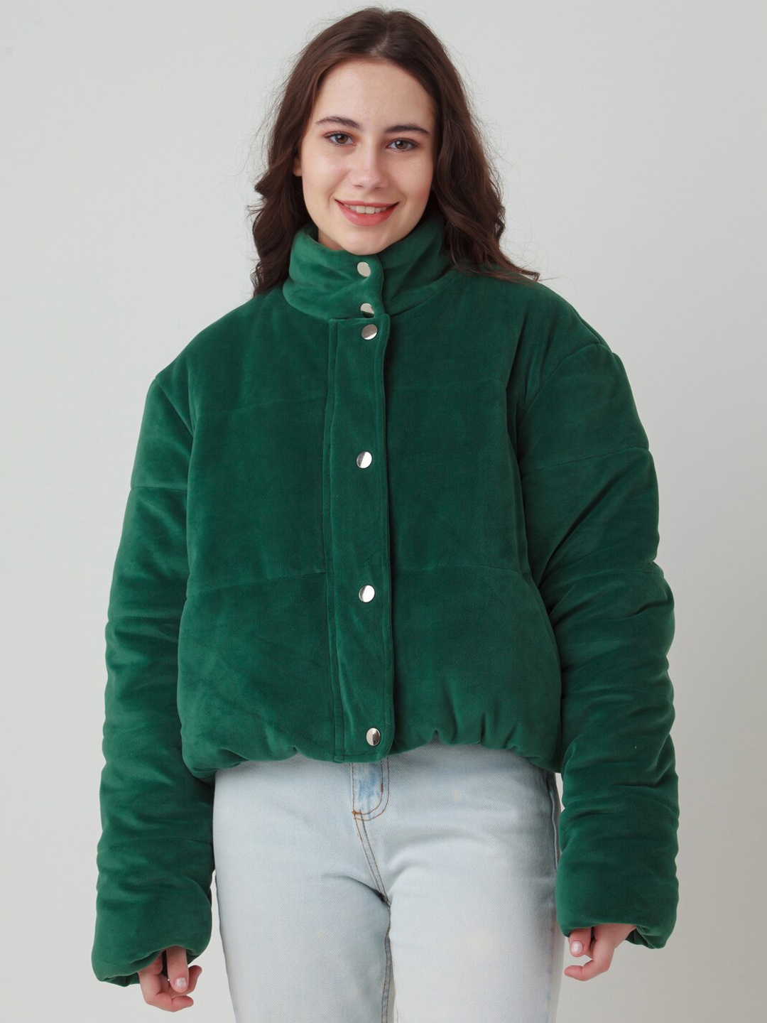 

Zink London Women Green Mock Collar Bomber Jacket