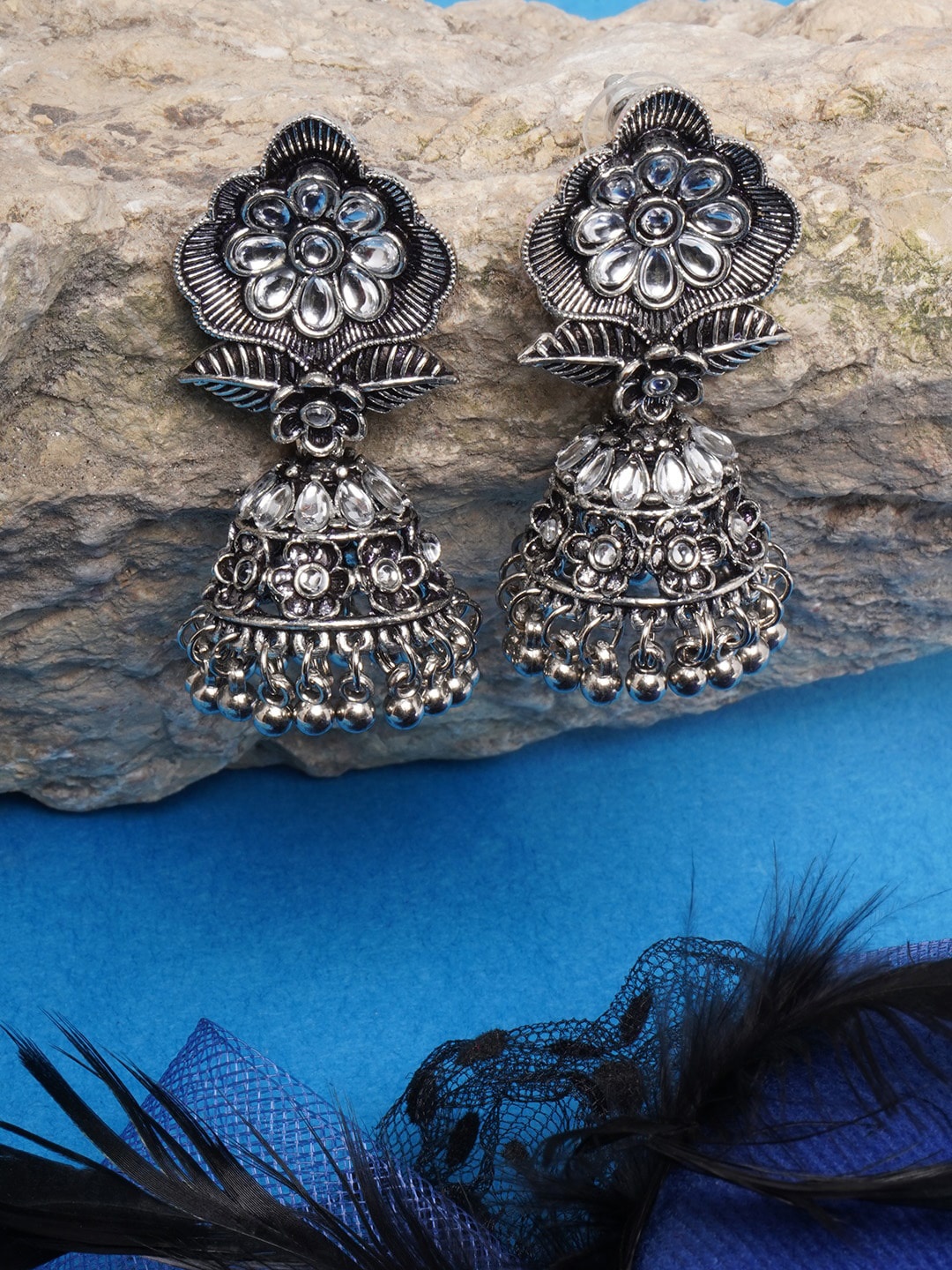 

DIVA WALK White & Silver-Plated Oxidised Contemporary Jhumkas Earrings
