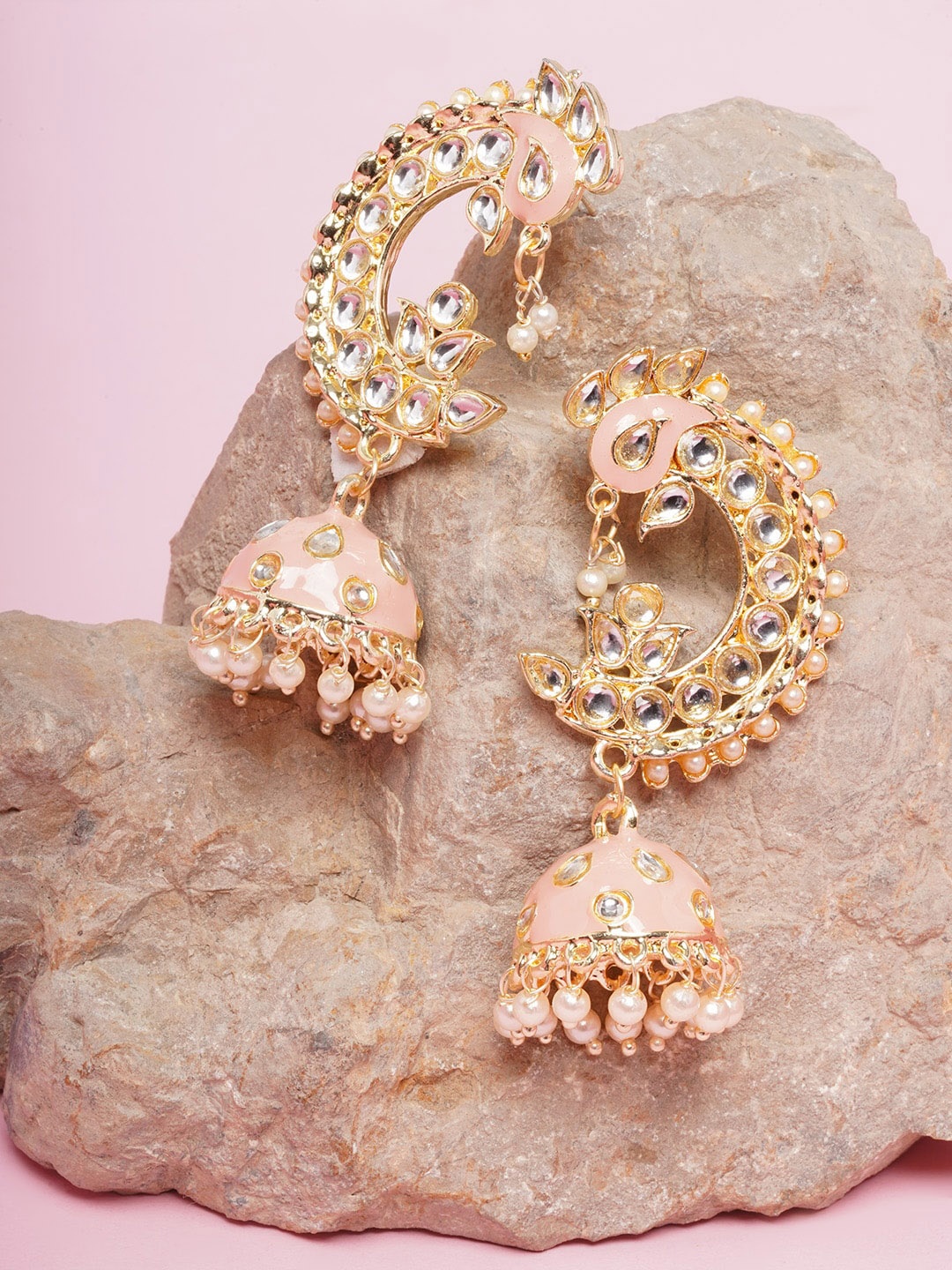 

DIVA WALK Pink & White Gold-Plated Kundan Peacock Shaped Jhumkas Earrings
