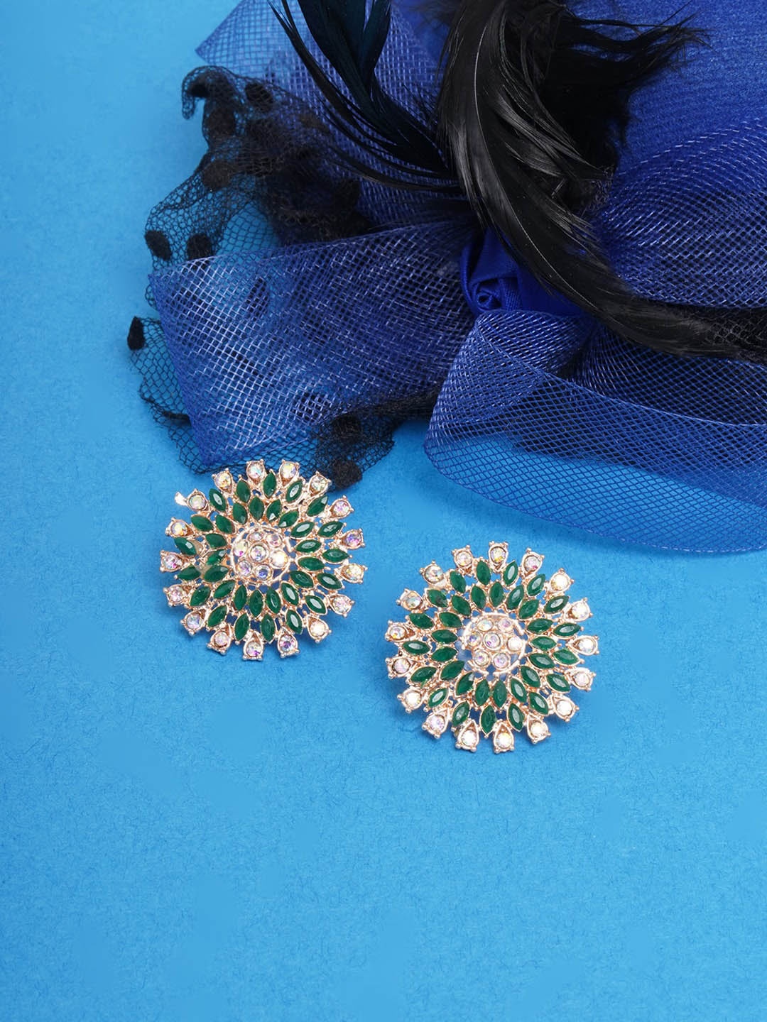 

DIVA WALK Green & White Gold-Plated Kundan Circular Studs Earrings