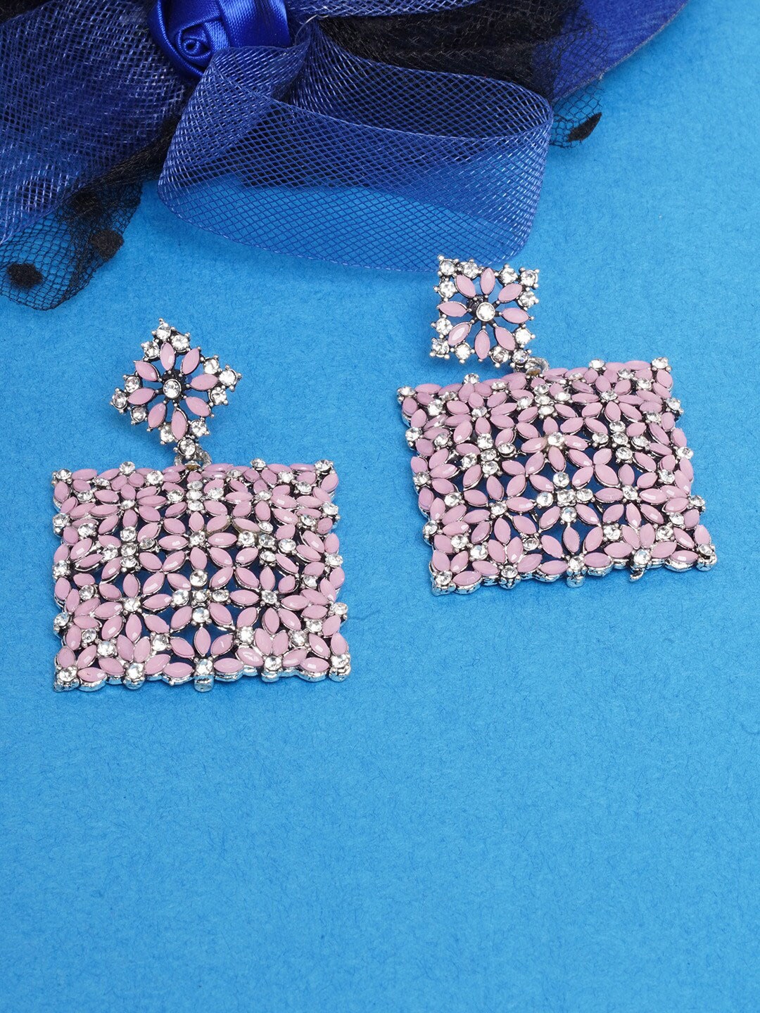 

DIVA WALK Pink & White Silver-Plated Kundan Square Drop Earrings