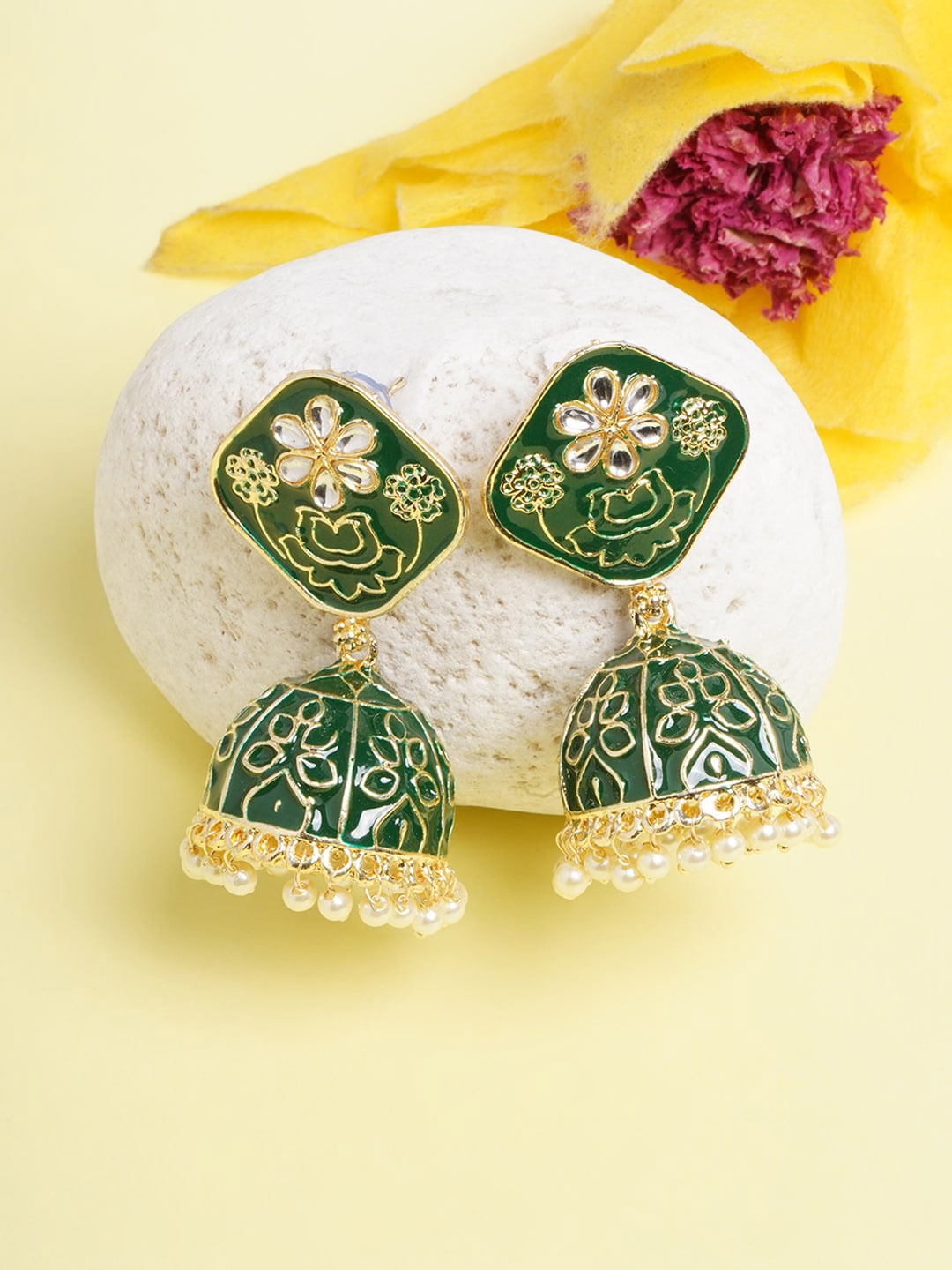 

DIVA WALK Gold-Toned & Green Contemporary Jhumkas Earrings