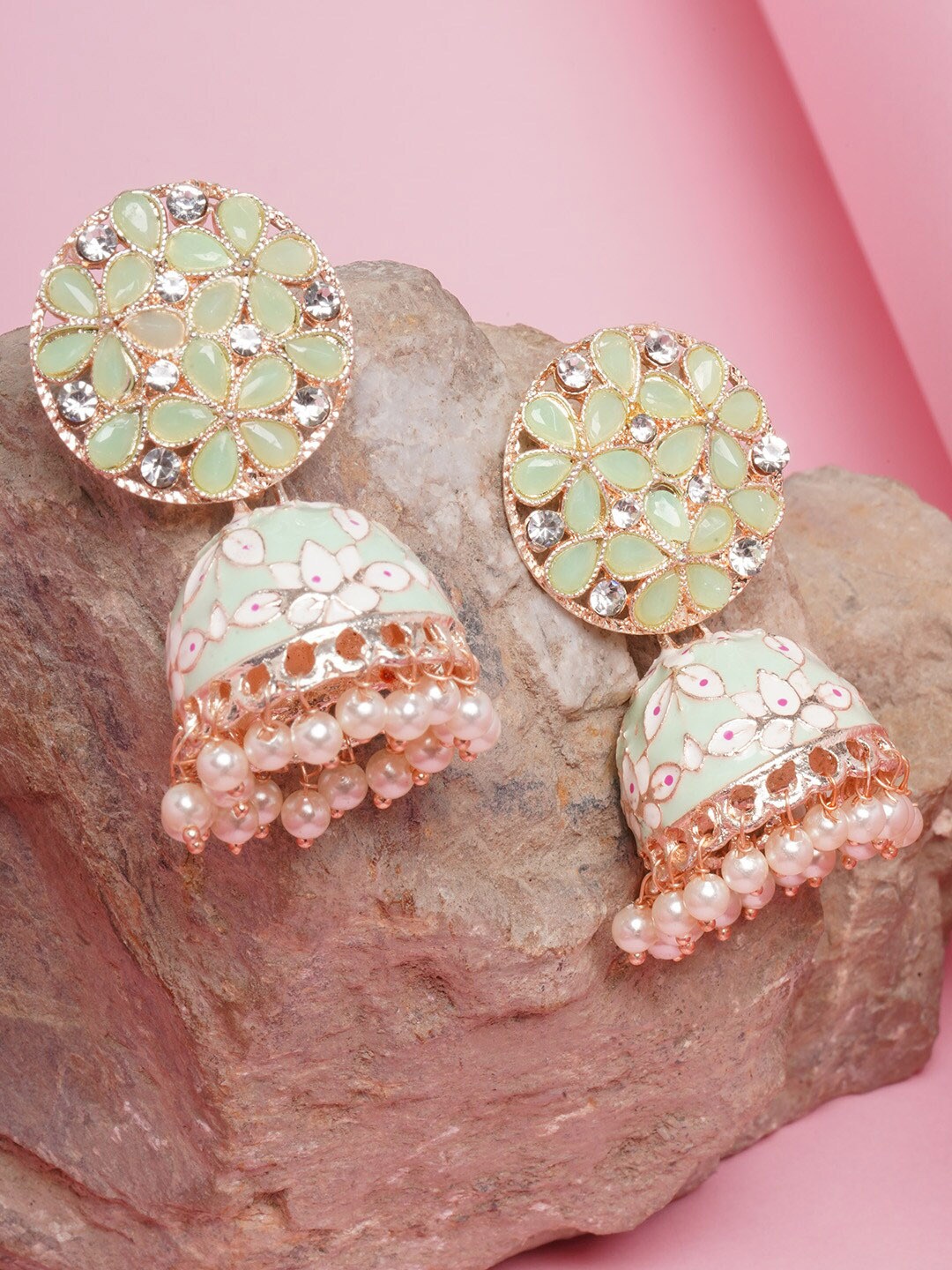 

DIVA WALK Sea Green & Gold-Toned Contemporary Jhumkas Earrings