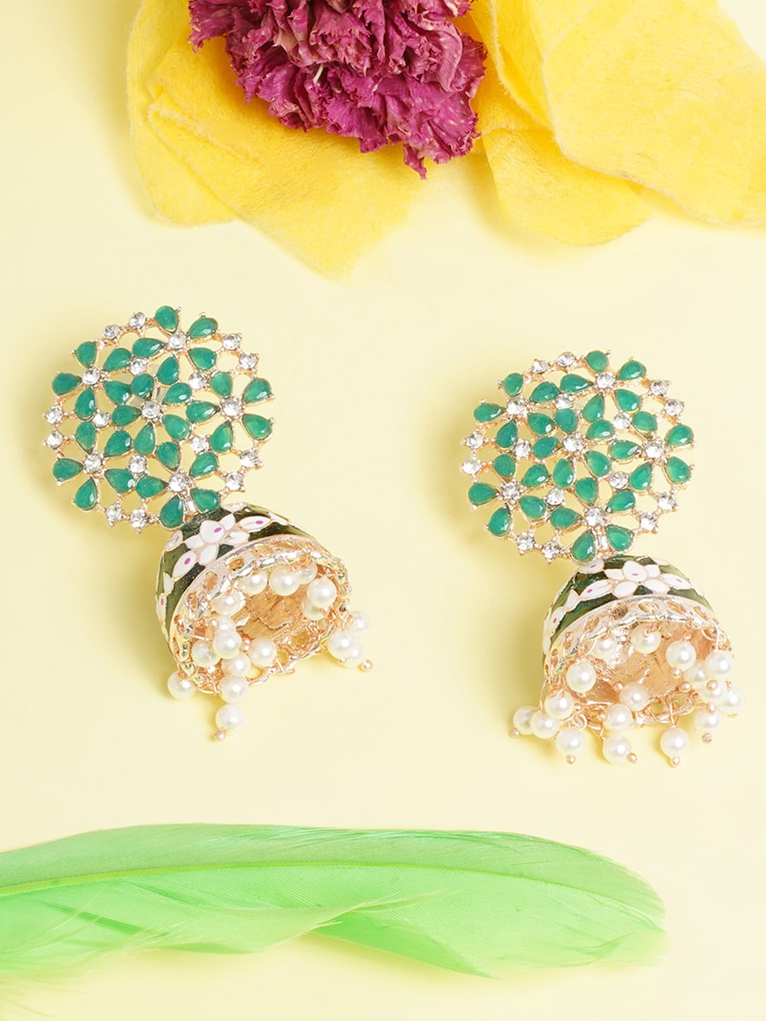 

DIVA WALK Gold Plated & Green Contemporary Jhumkas Earrings