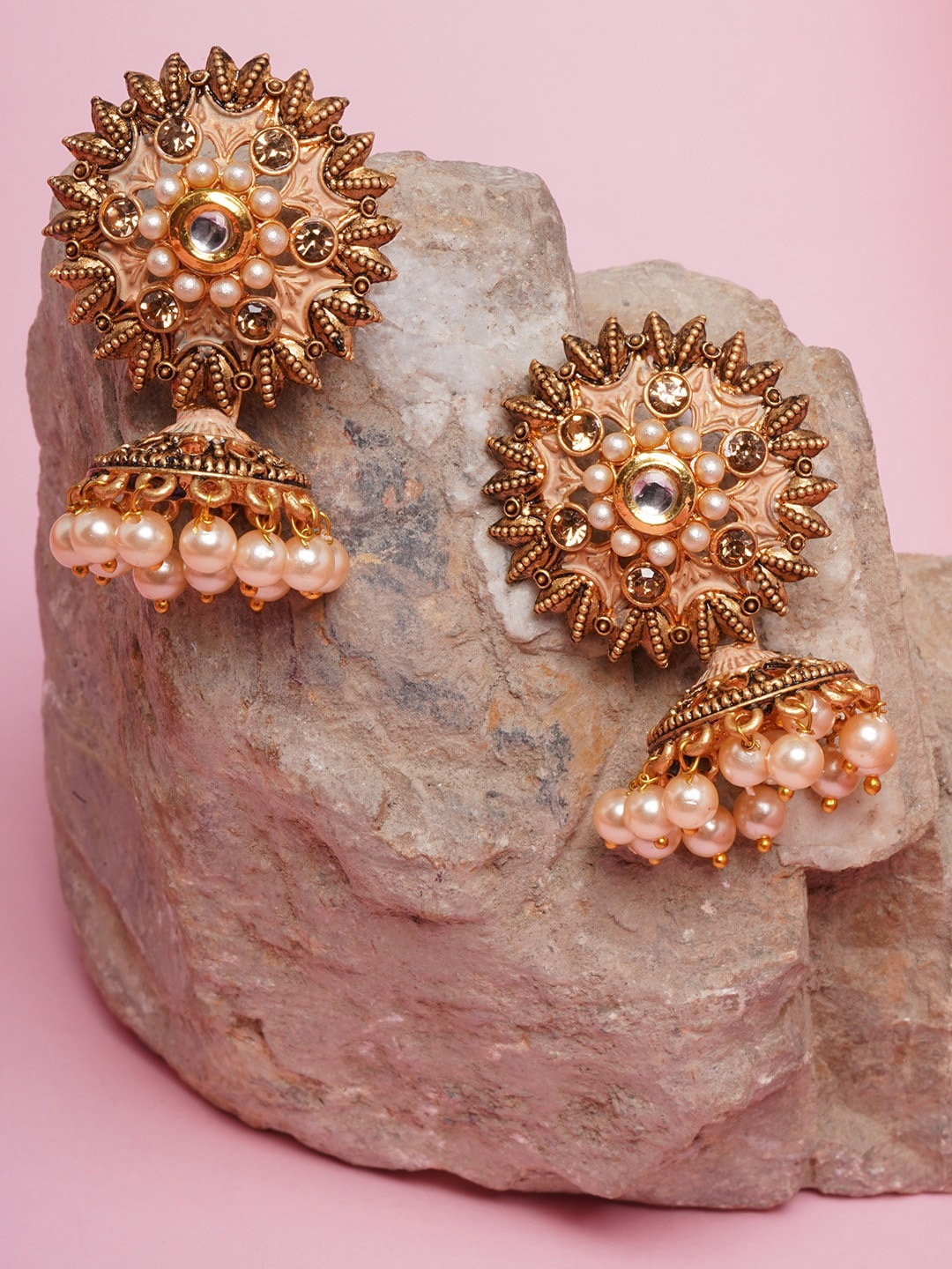 

DIVA WALK Gold Plated & Peach-Coloured Contemporary Jhumkas Earrings