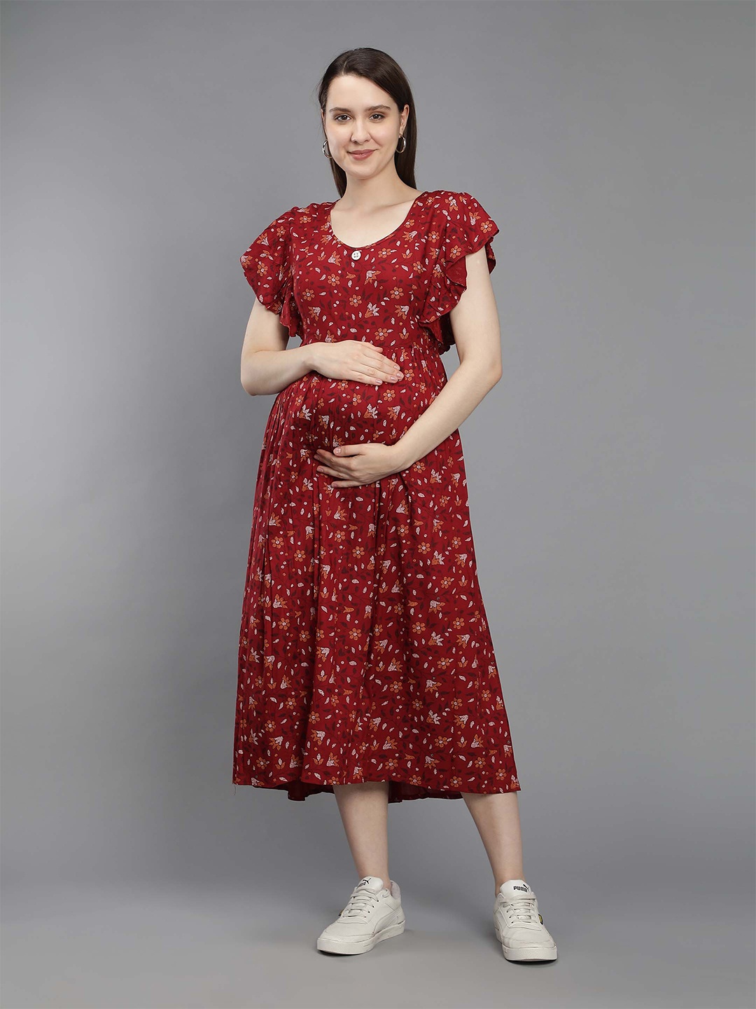 

NIGHTSPREE Red Floral Printed Maternity Midi Dress