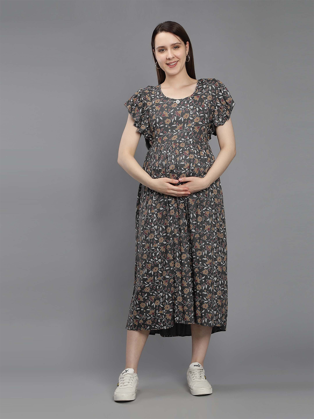 

NIGHTSPREE Grey & Red Floral Printed Round Neck Maternity Midi Dress