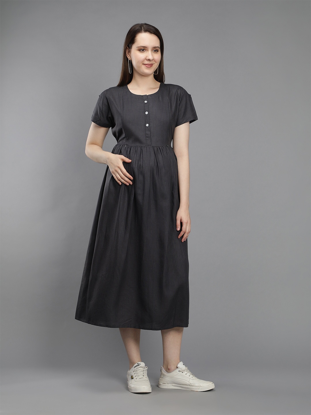 

NIGHTSPREE Grey & Cream Striped Round Neck Maternity Midi Dress