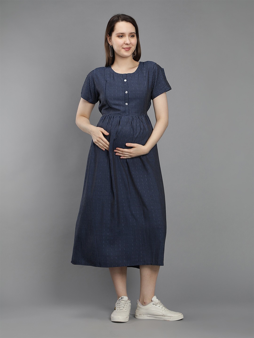 

NIGHTSPREE Navy Blue Striped Round Neck Maternity Midi Dress