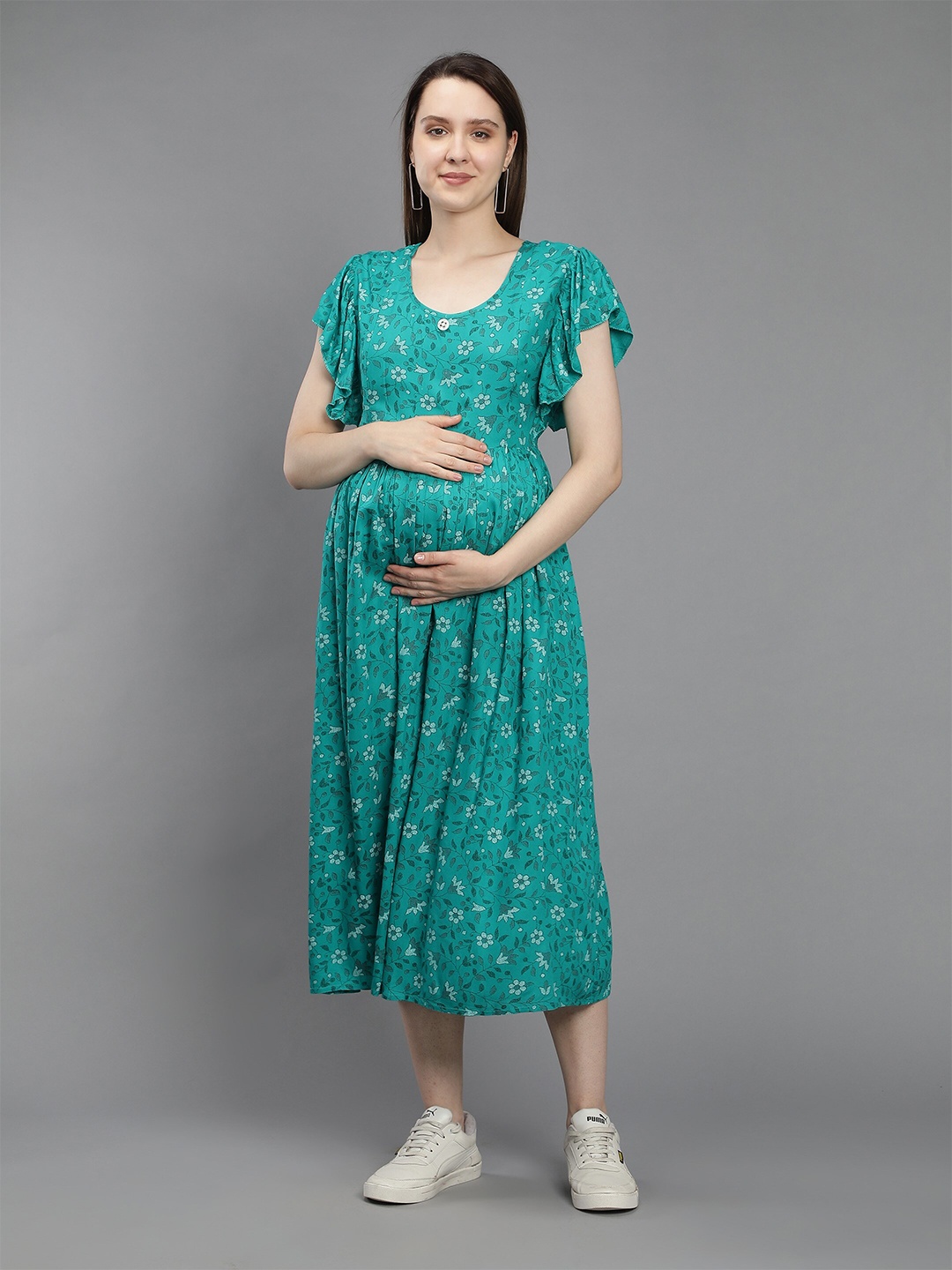 

NIGHTSPREE Sea Green & Green Floral Printed Round Neck Maternity Midi Dress