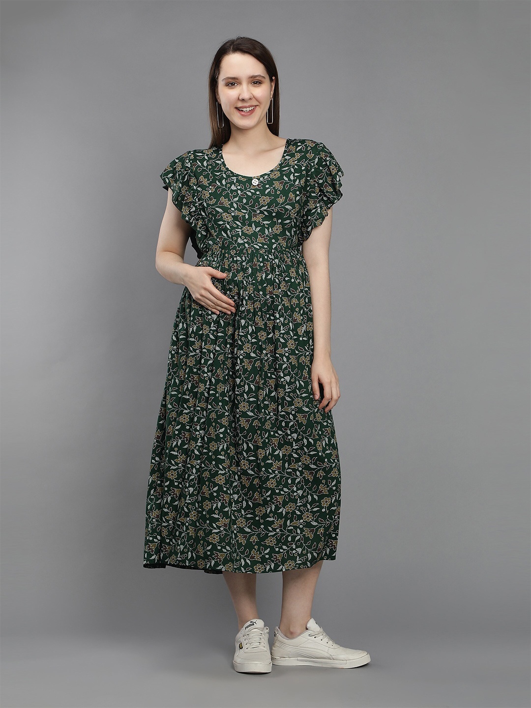 

NIGHTSPREE Green & Olive Green Floral Printed Round Neck Maternity Midi Dress