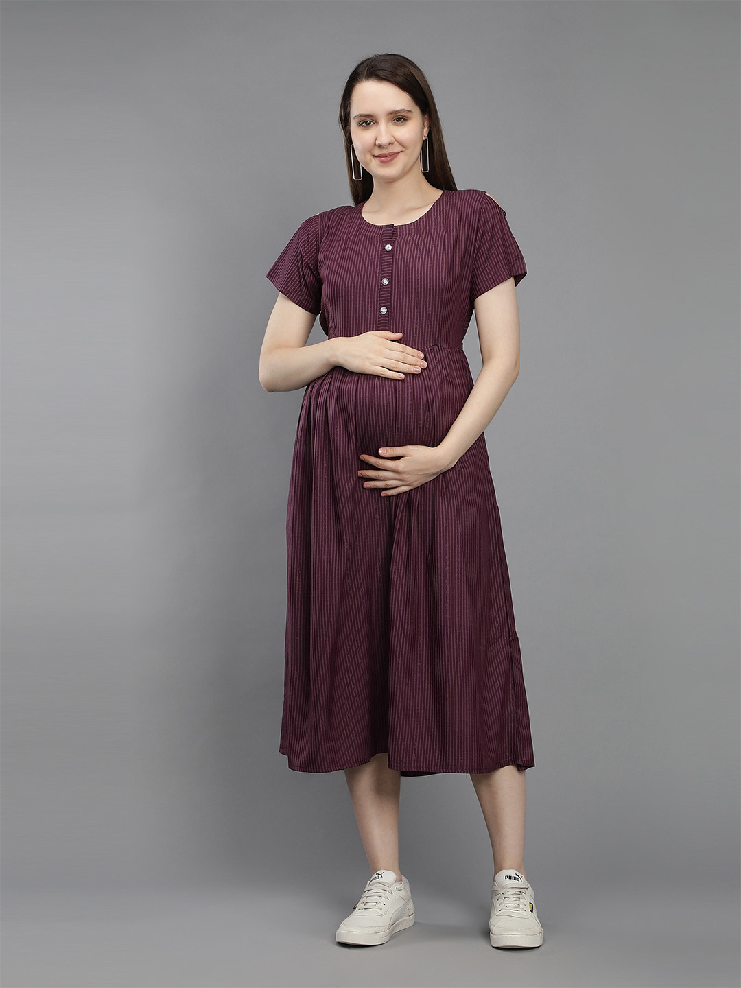 

NIGHTSPREE Purple Striped Round Neck Maternity Midi Dress