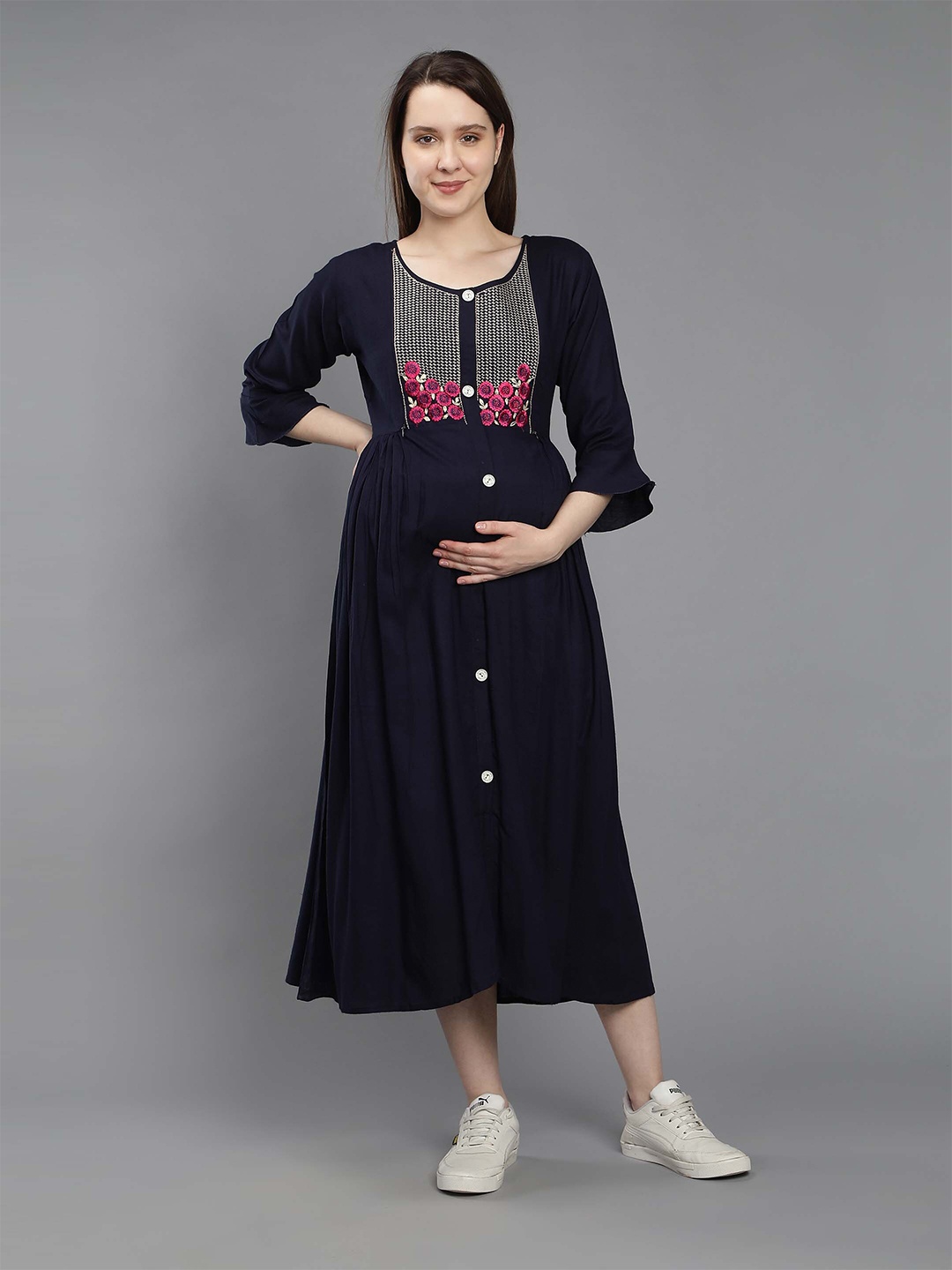 

NIGHTSPREE Navy Blue & Pink Floral Printed Round Neck Embroidered Maternity Midi Dress