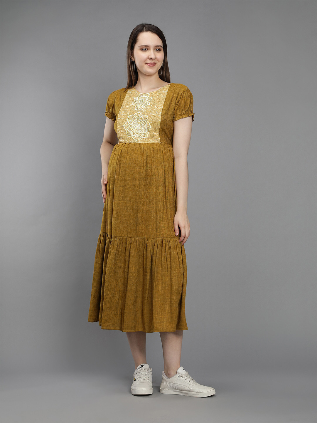 

NIGHTSPREE Yellow & White Printed Round Neck Maternity Midi Dress