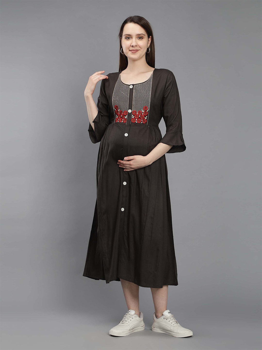 

NIGHTSPREE Brown & Red Floral Embroidered Round Neck Maternity Midi Dress