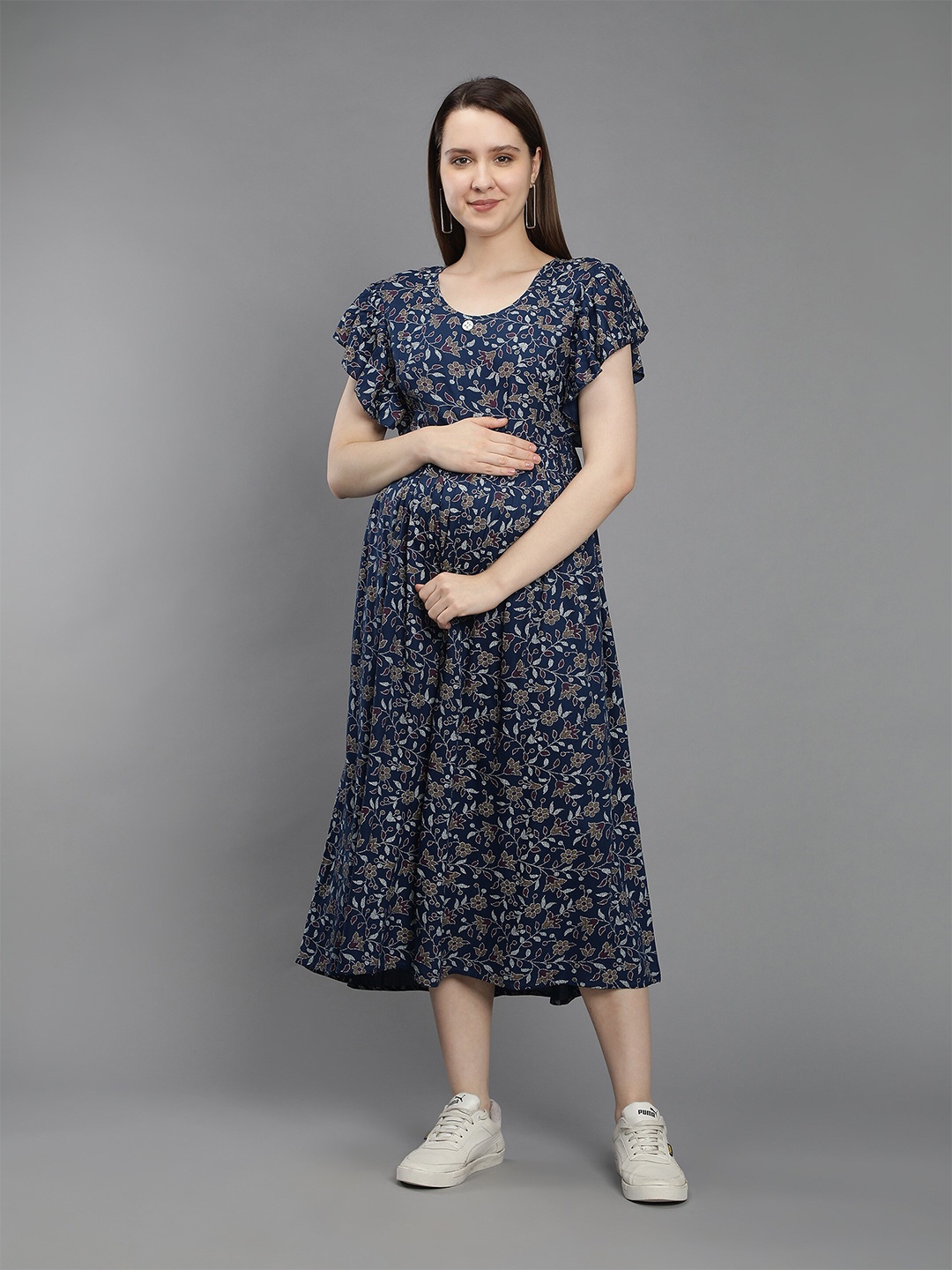 

NIGHTSPREE Blue Floral Printed Round Neck Maternity Midi Dress