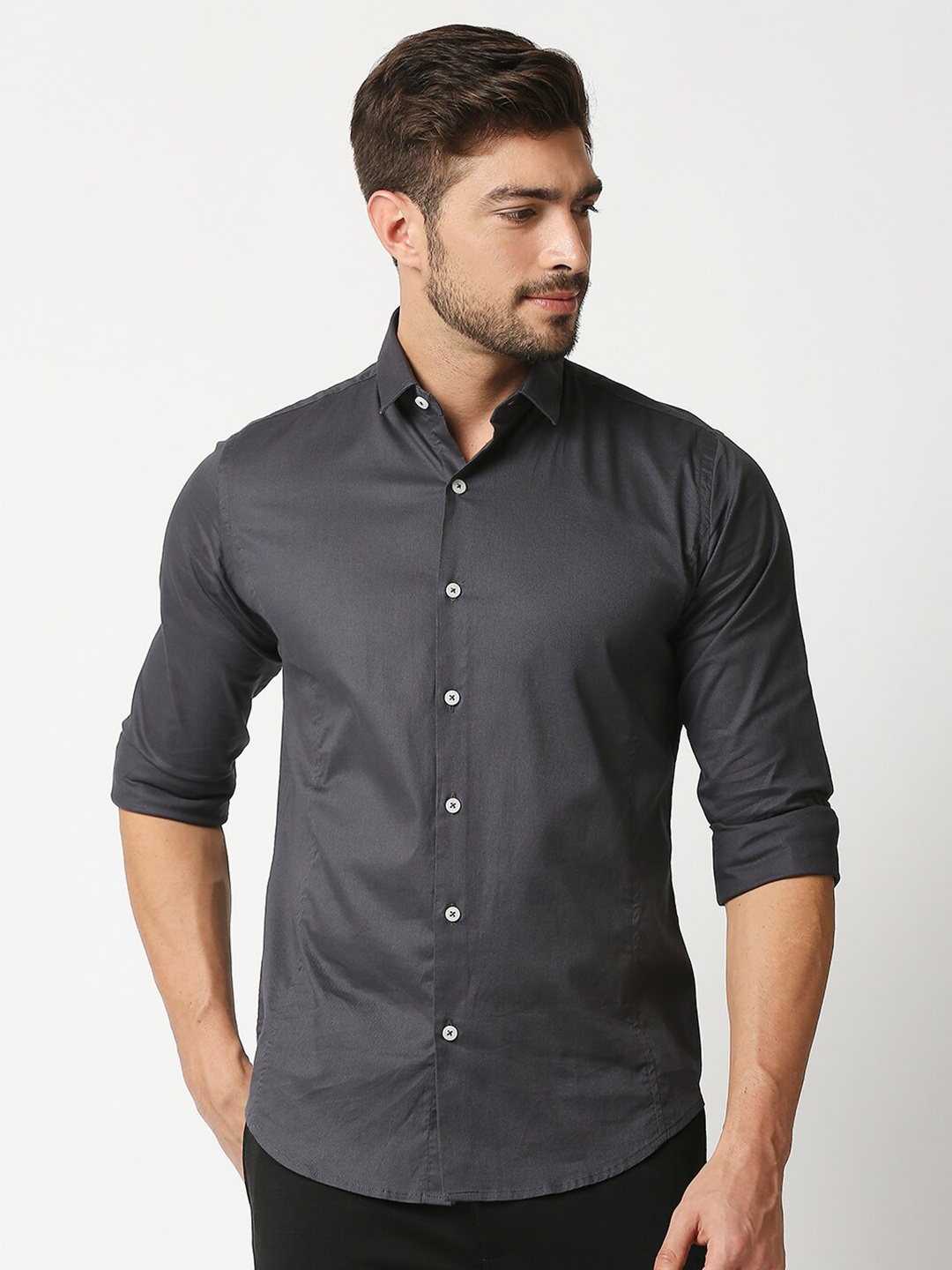 

Manaca Men Grey Classic Cotton Casual Shirt