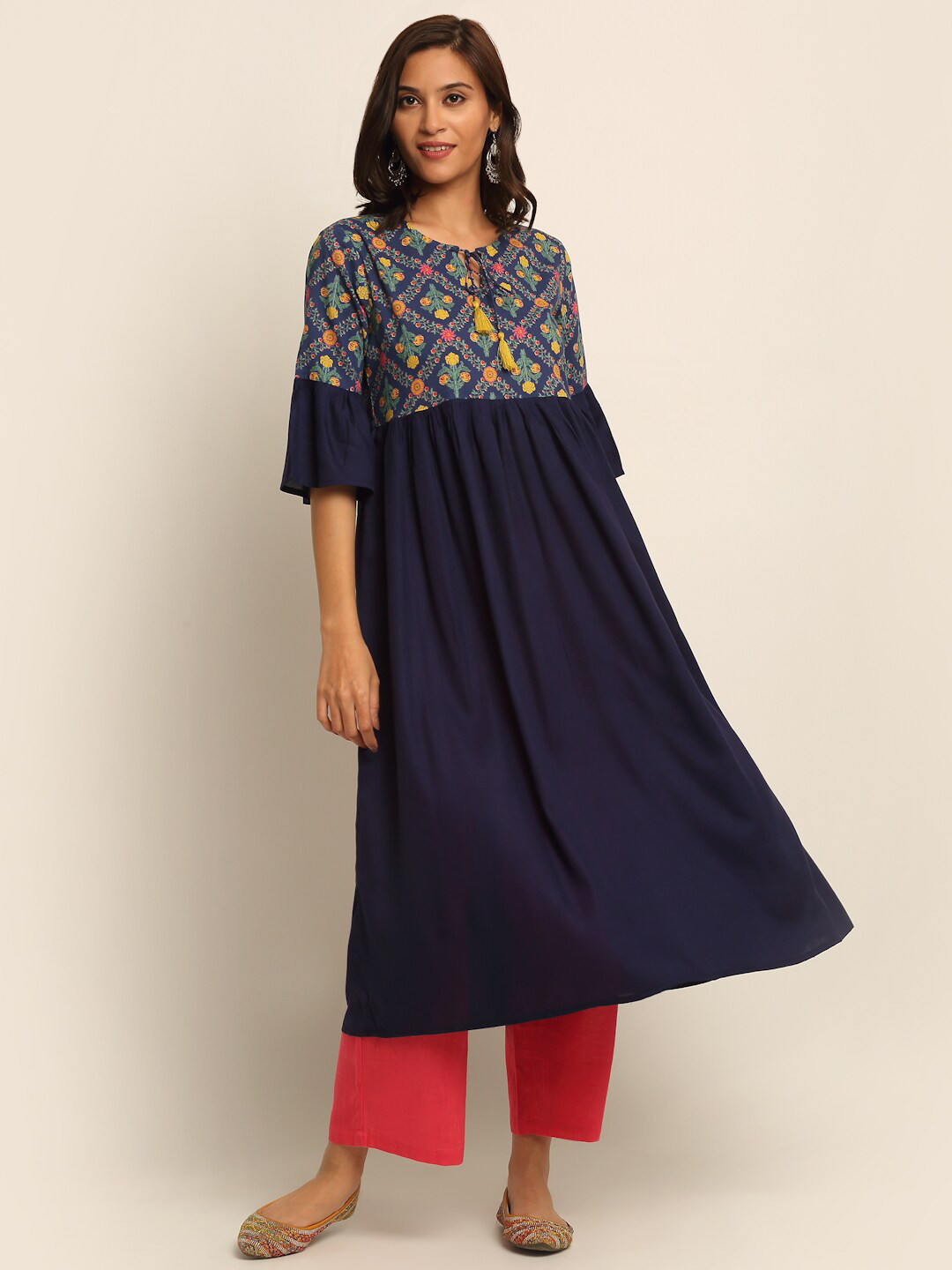 

EK BY EKTA KAPOOR Women Navy Blue & Yellow Floral Yoke Design Bell Sleeves Floral Kurta
