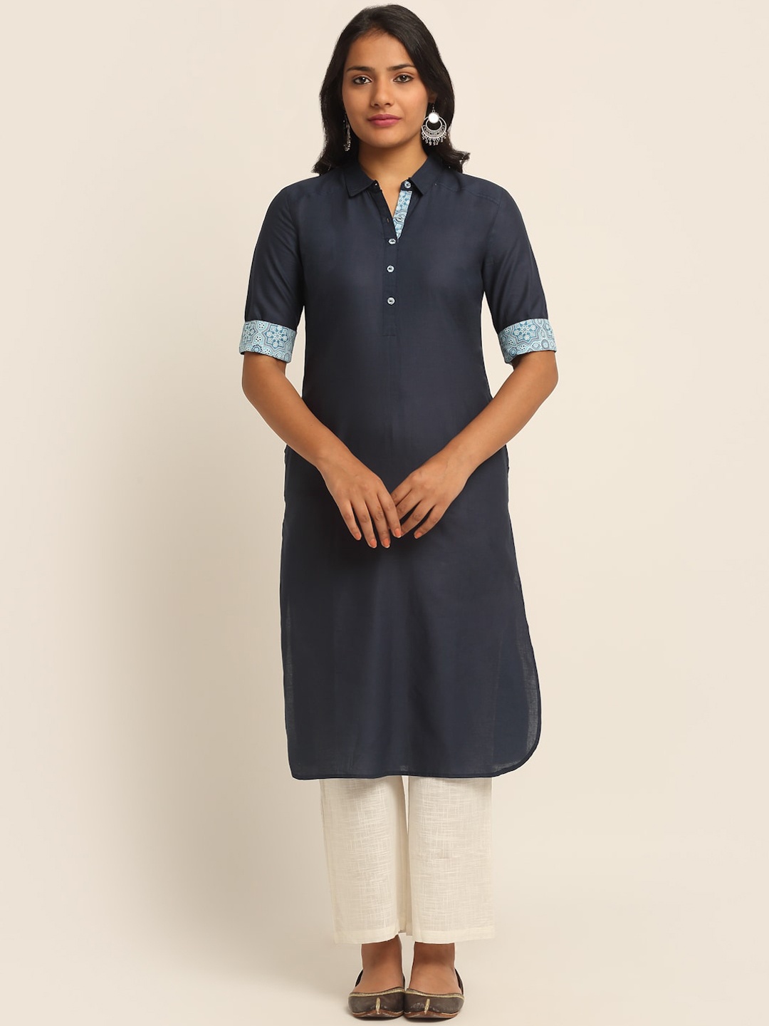 

EK BY EKTA KAPOOR Women Navy Blue Cotton Solid Pathani Kurta