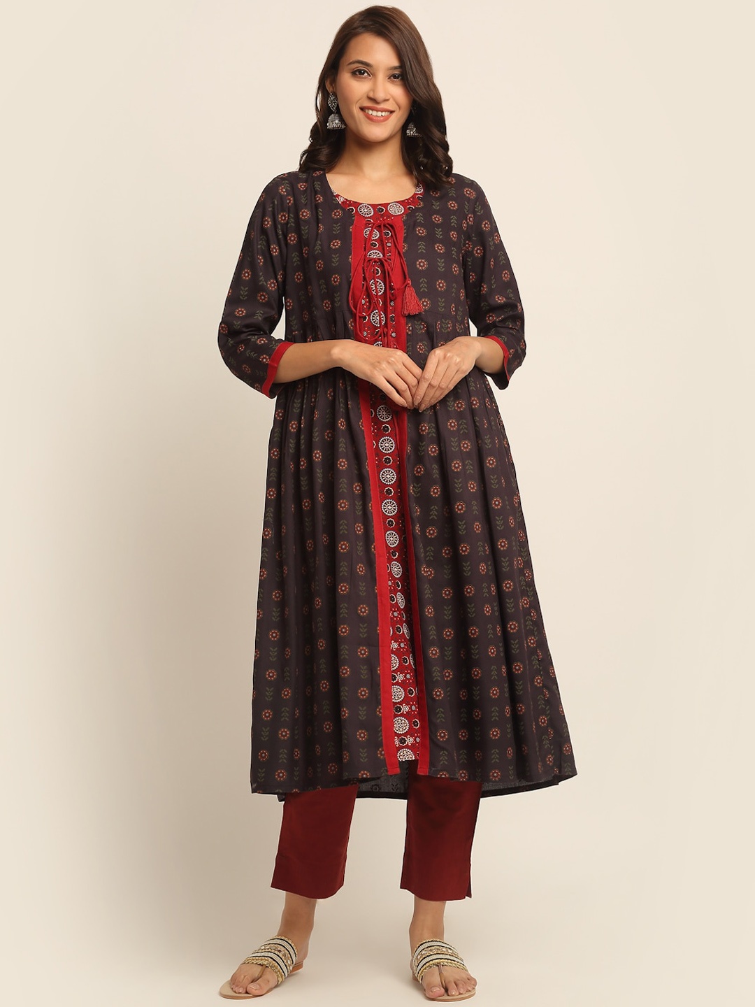 

EK BY EKTA KAPOOR Women Red Floral Printed Layered Kurta with Trousers