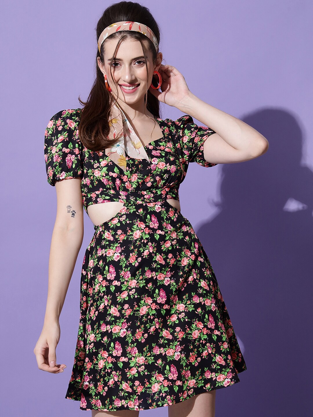 

emeros Black Floral Printed Fit & Flare Dress