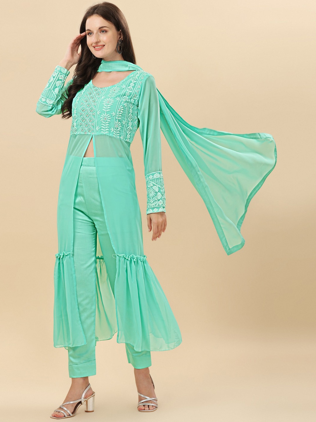 

Virah Fashion Women Turquoise Blue Embroidered High Slit Kurta with Trouser & With Dupatta