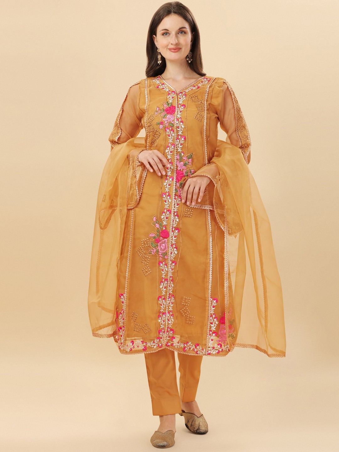 

Virah Fashion Women Copper-Toned Floral Embroidered Kurta with Trouser & Dupatta