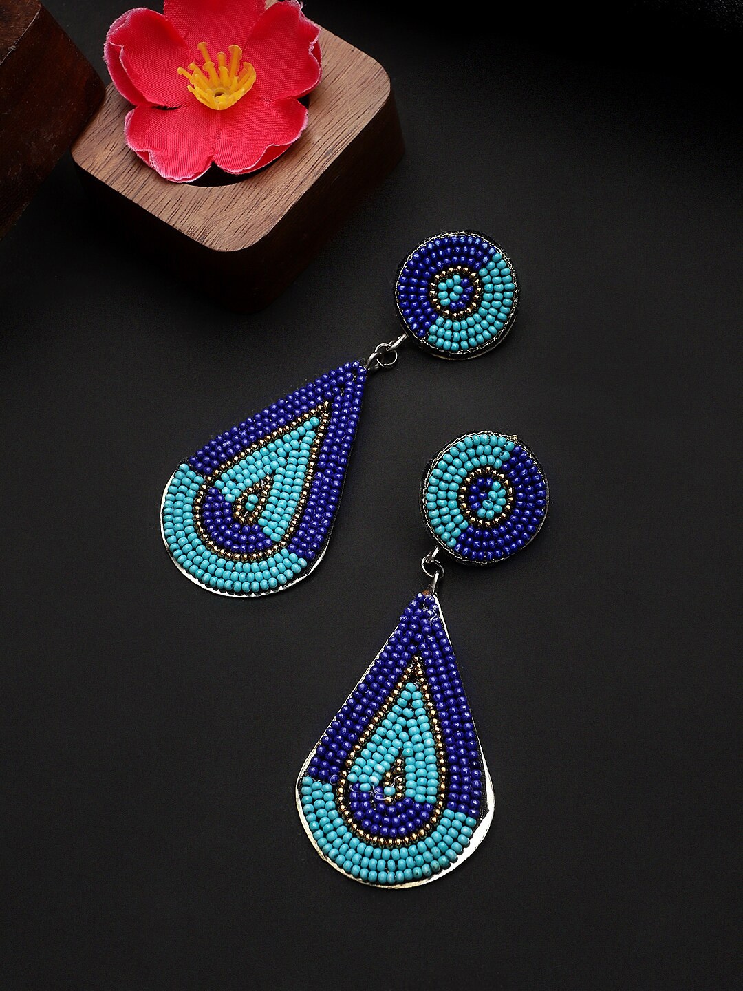 

CARDINAL Blue & Gold-Toned Silver-Plated Beaded Leaf Shaped Drop Earrings