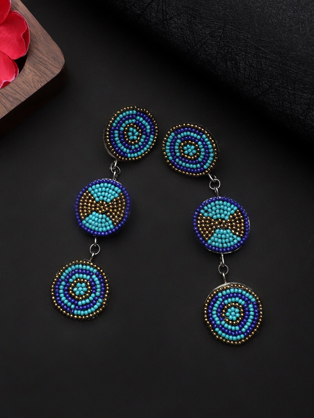 

CARDINAL Blue & Gold Silver-Plated Beaded Circular Drop Earrings