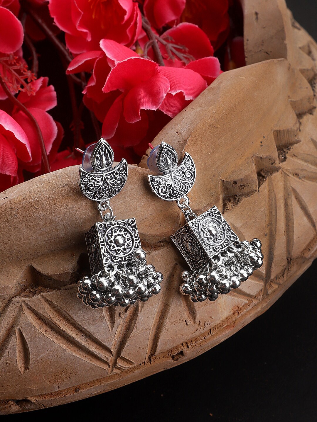

CARDINAL Silver-Plated Oxidized Square Jhumkas Earrings