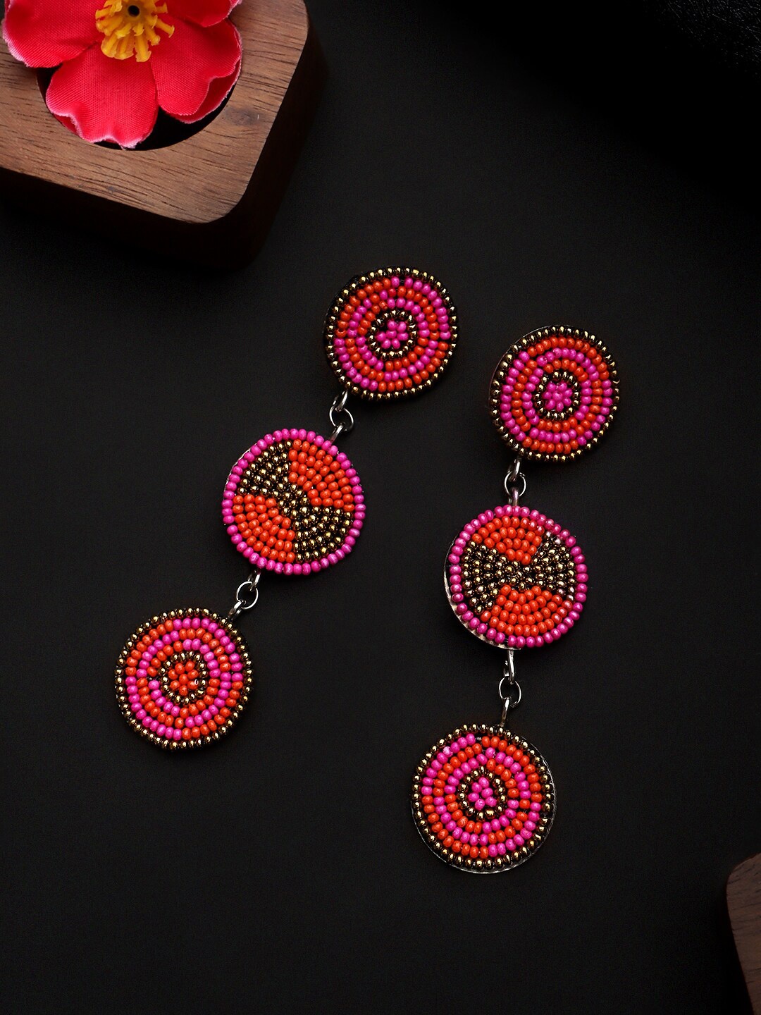 

CARDINAL Pink & Orange Silver-Plated Beaded Circular Drop Earrings