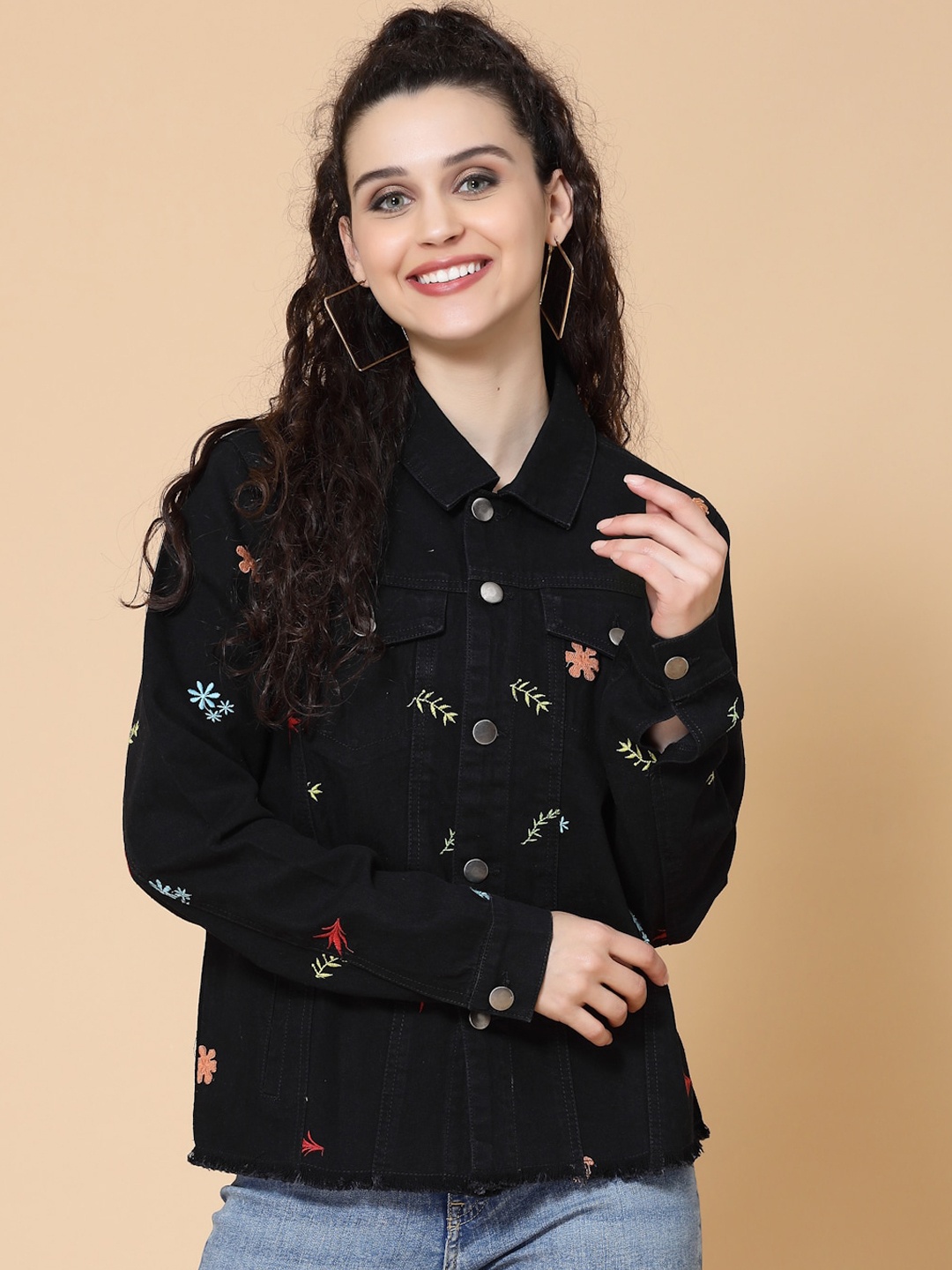 

HOUSE OF KKARMA Women Black Conversational Printed Denim Jacket