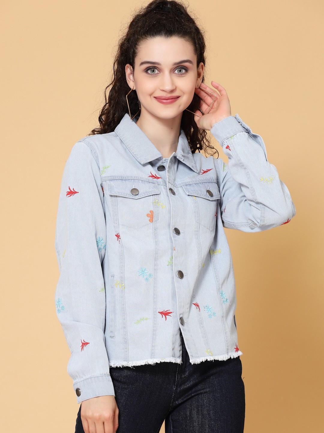 

HOUSE OF KKARMA Women Blue Conversational Printed Denim Jacket