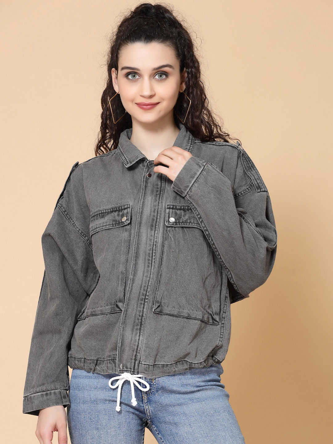 

HOUSE OF KKARMA Women Black Solid Washed Denim Jacket