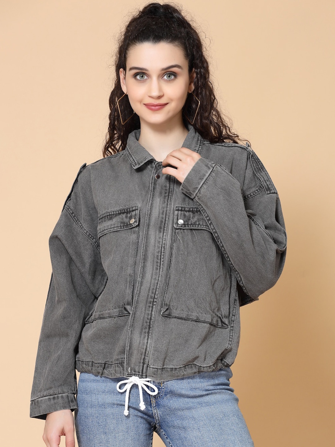 

HOUSE OF KKARMA Women Plus Size Black Solid Denim Jacket