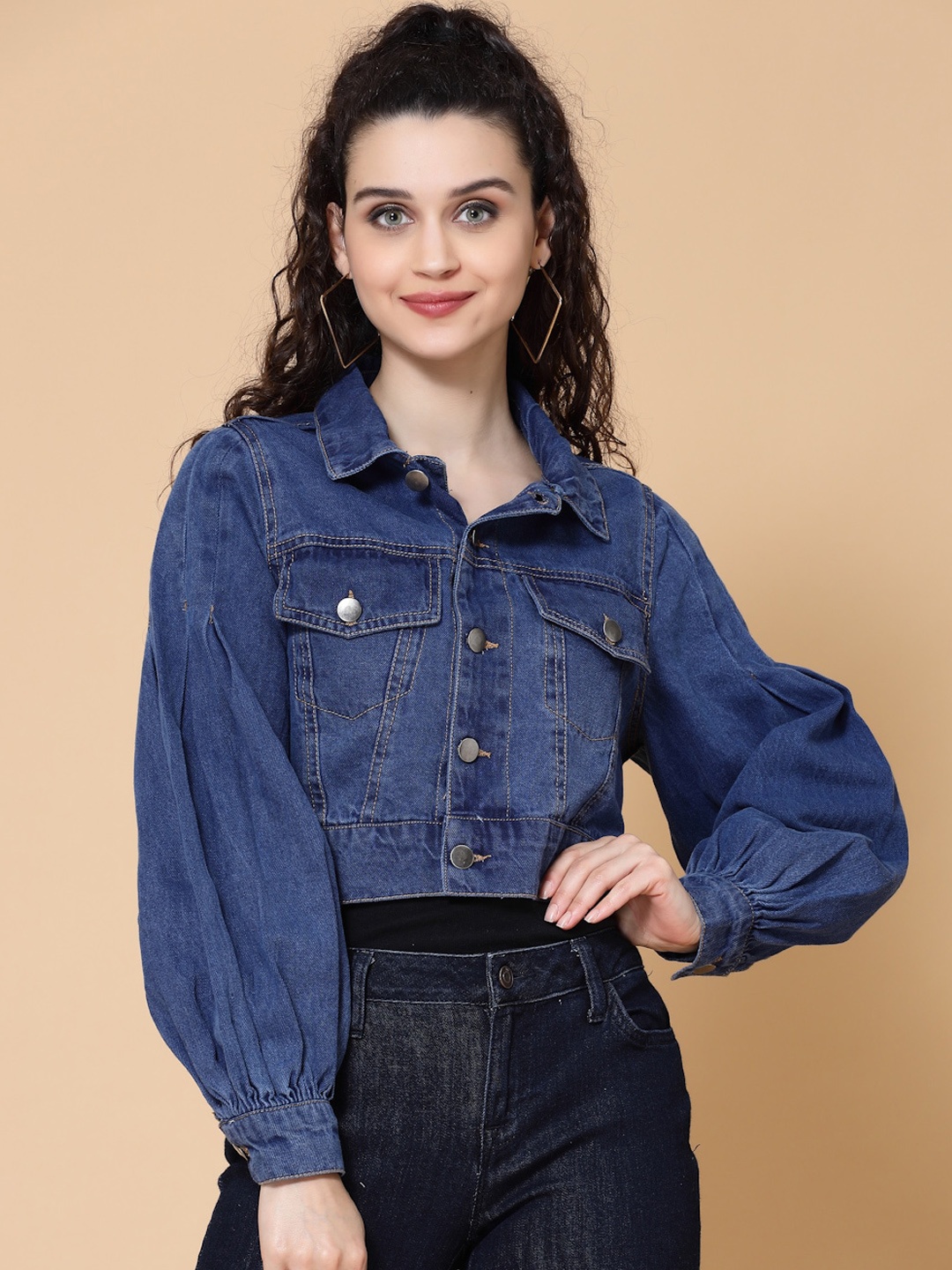 

HOUSE OF KKARMA Women Navy Blue Solid Crop Denim Jacket