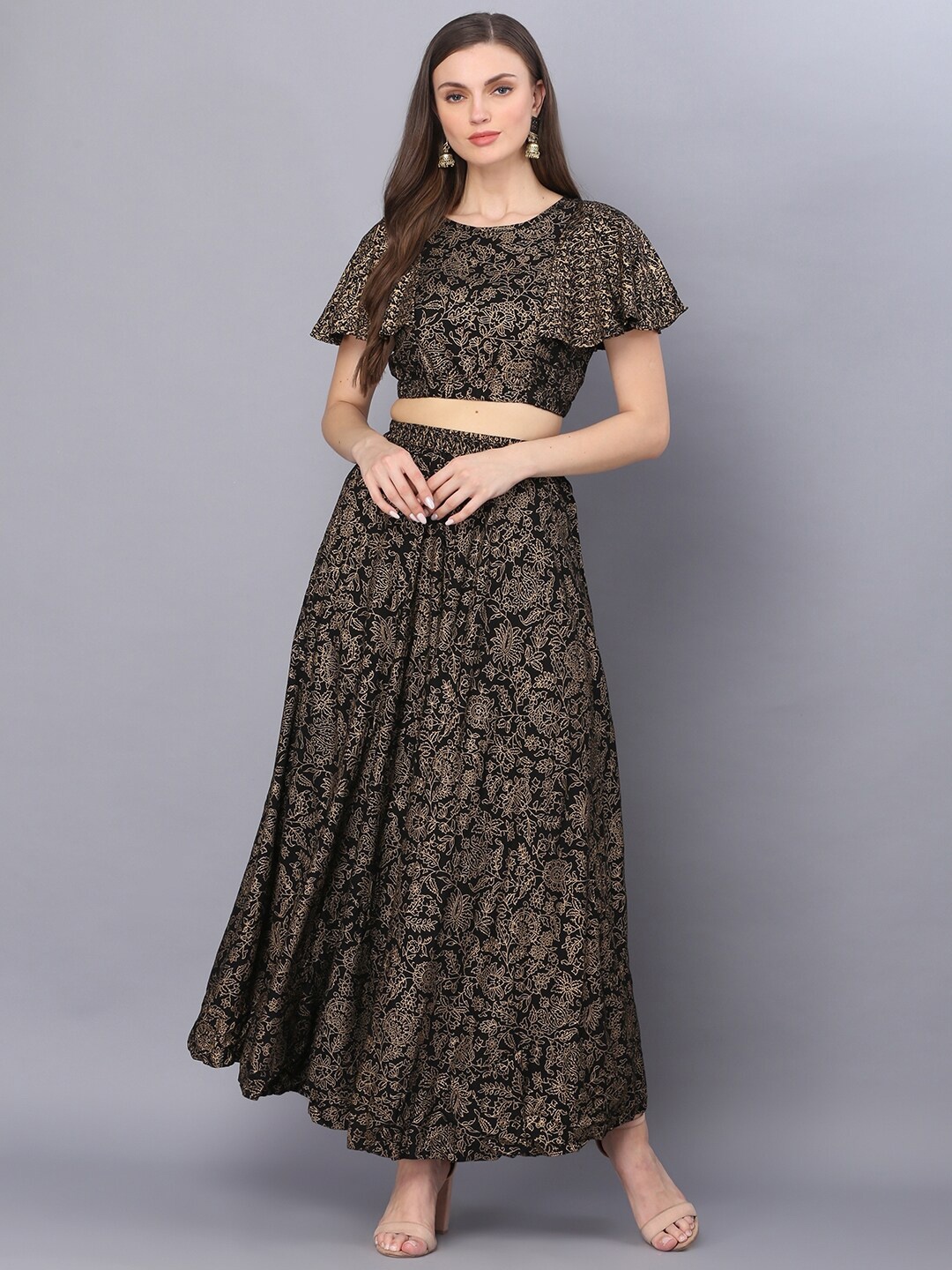 

God Bless Women Black Printed Crop Top With Skirts Co-Ords Sets