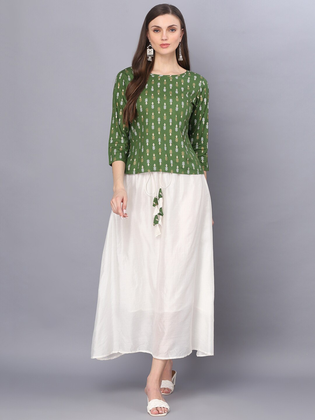 

God Bless Green & White Printed Top With Skirt