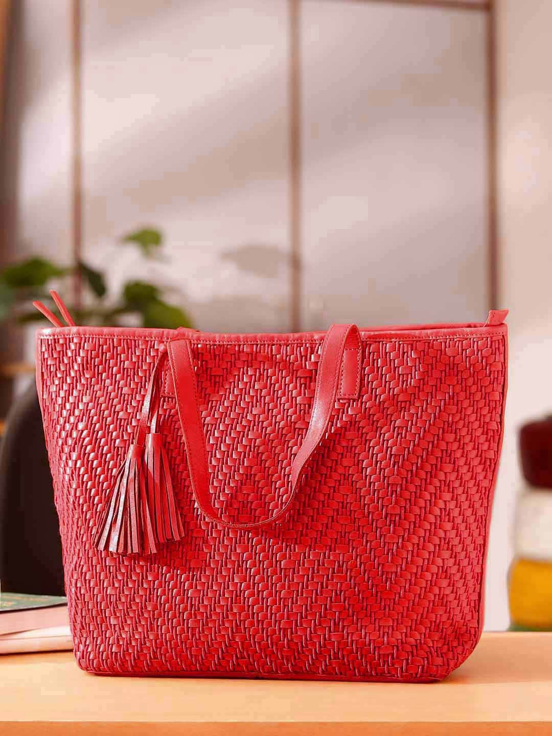 

Suvaska Red Textured Leather Oversized Structured Shoulder Bag