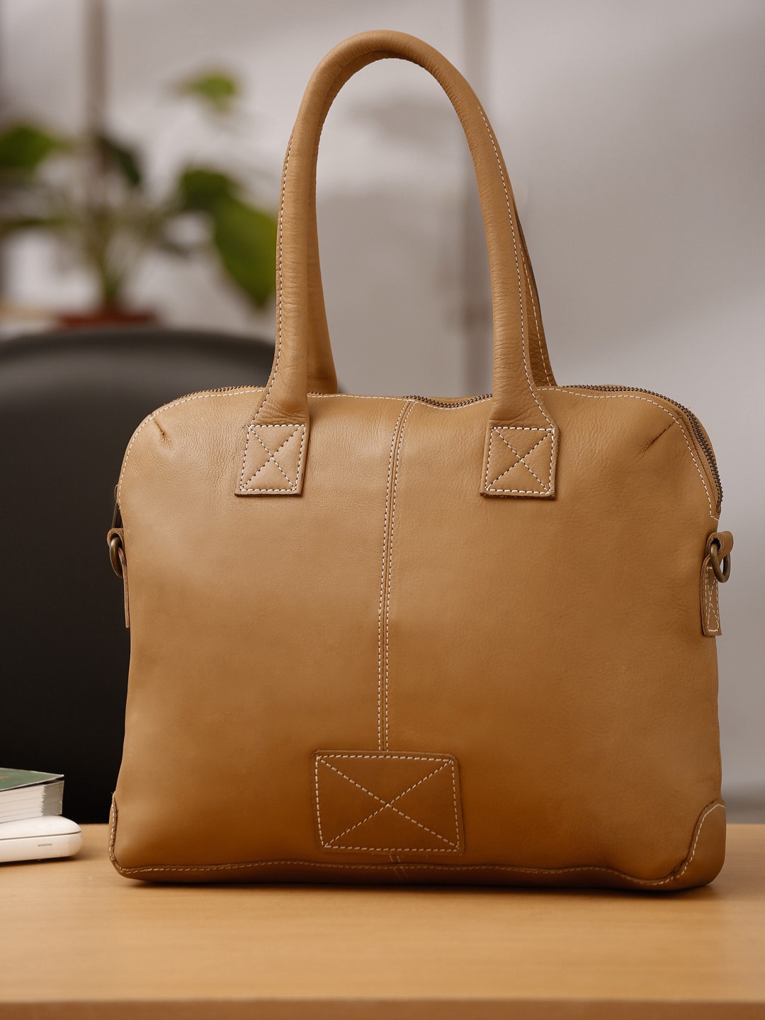 

Suvaska Camel Brown Leather Structured Handheld Bag