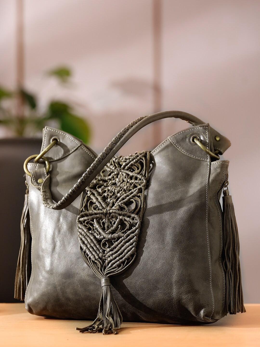 

Suvaska Olive Green Textured Leather Oversized Structured Handheld Bag with Cut Work