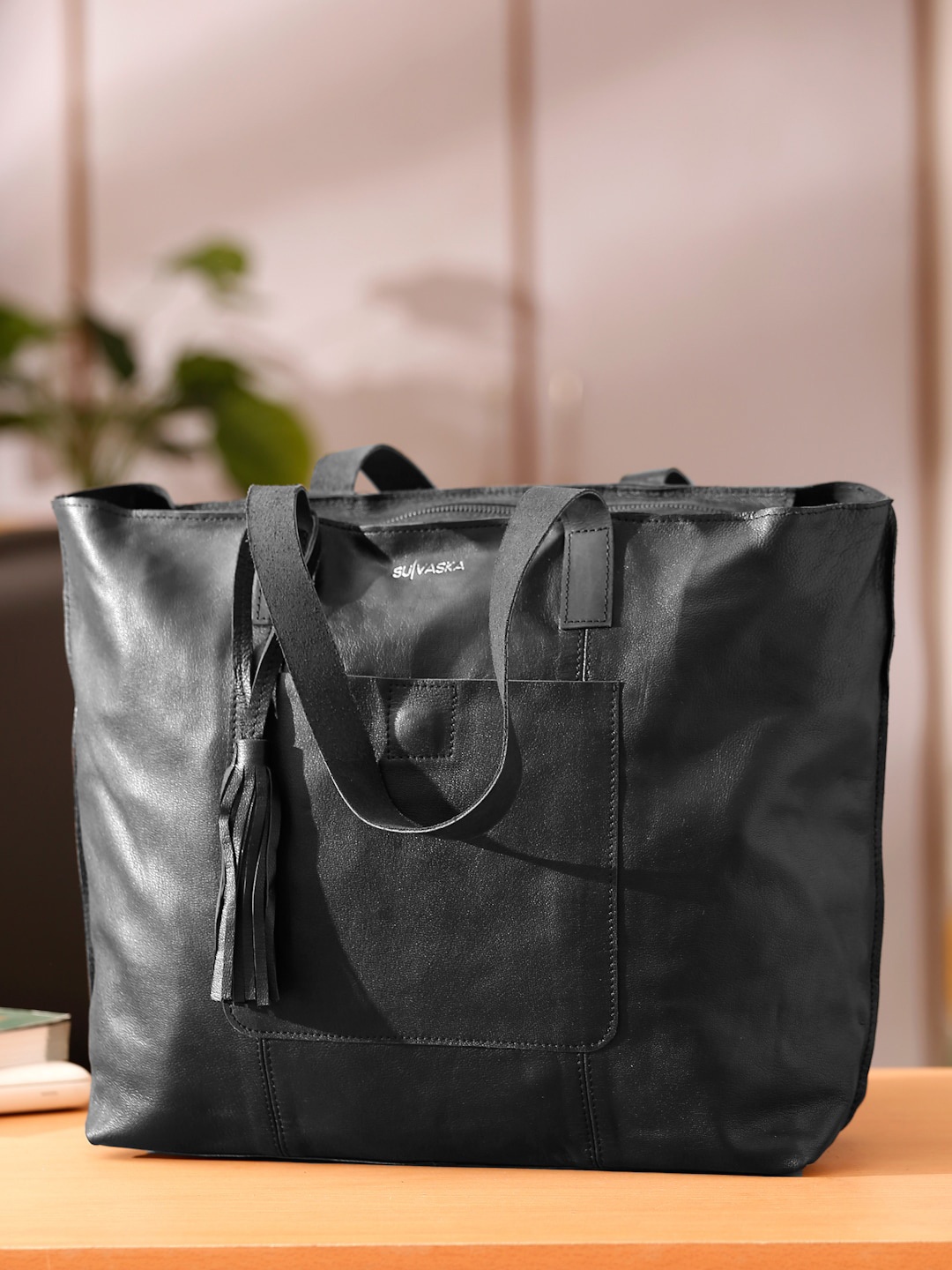 

Suvaska Black Leather Oversized Structured Shoulder Bag